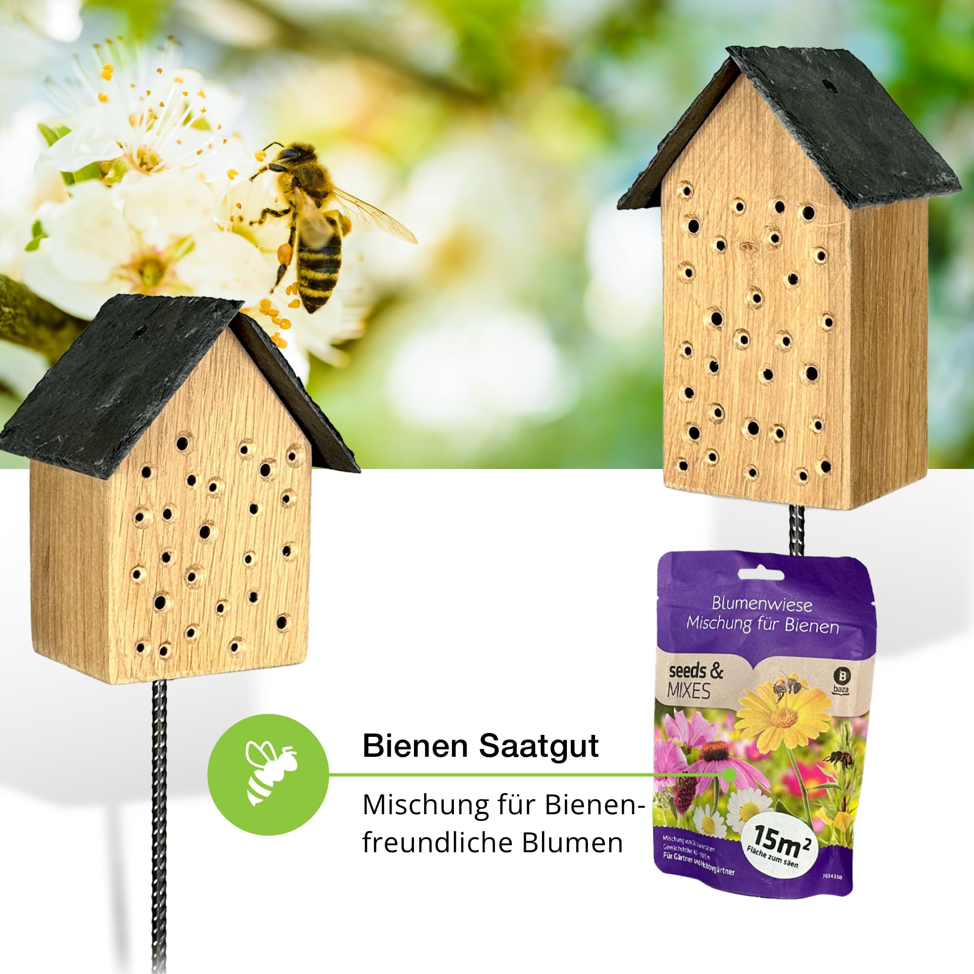 GARTENETAGE Geschenkset Bienenoase – Wildbienenhotel aus Eichenholz mit Schieferdach & Blumenwiese Mischung – Perfekt für Garten & Balkon – Nachhaltige Nisthilfe für Bienen & Bestäuber