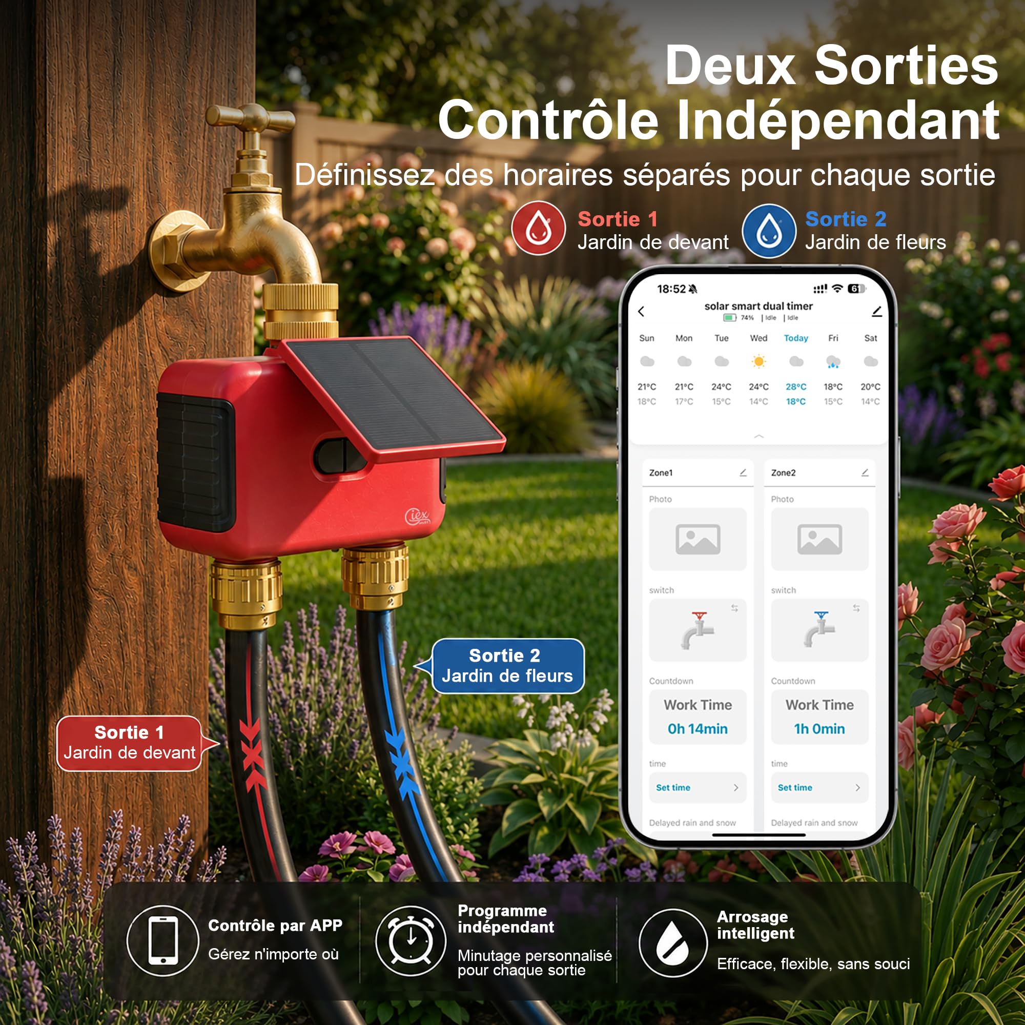 Programmateur d’arrosage WiFi 2 Zones, minuteur d’Eau Solaire Rechargeable Double Sortie, raccords en Laiton, sans hub, Compatible Alexa et Google Assistant