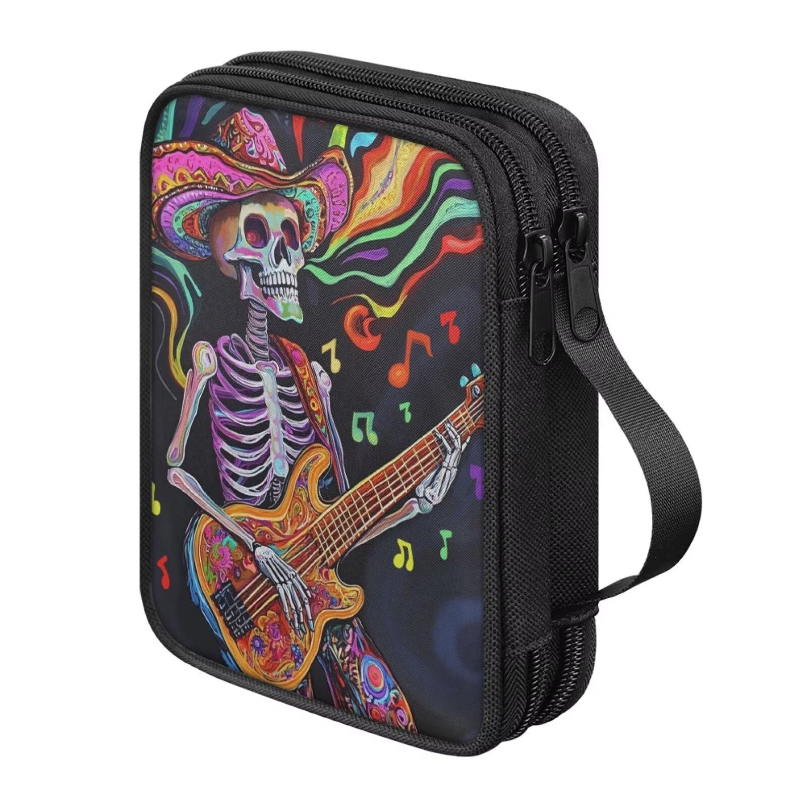 Hechitok Skeleton Guitar Crochet Hook Case with Zipper and Web Pockets for Crochet Needles/Knitting Accessories Lightweight Organizer Bag for Crochet Hook Kit Tools