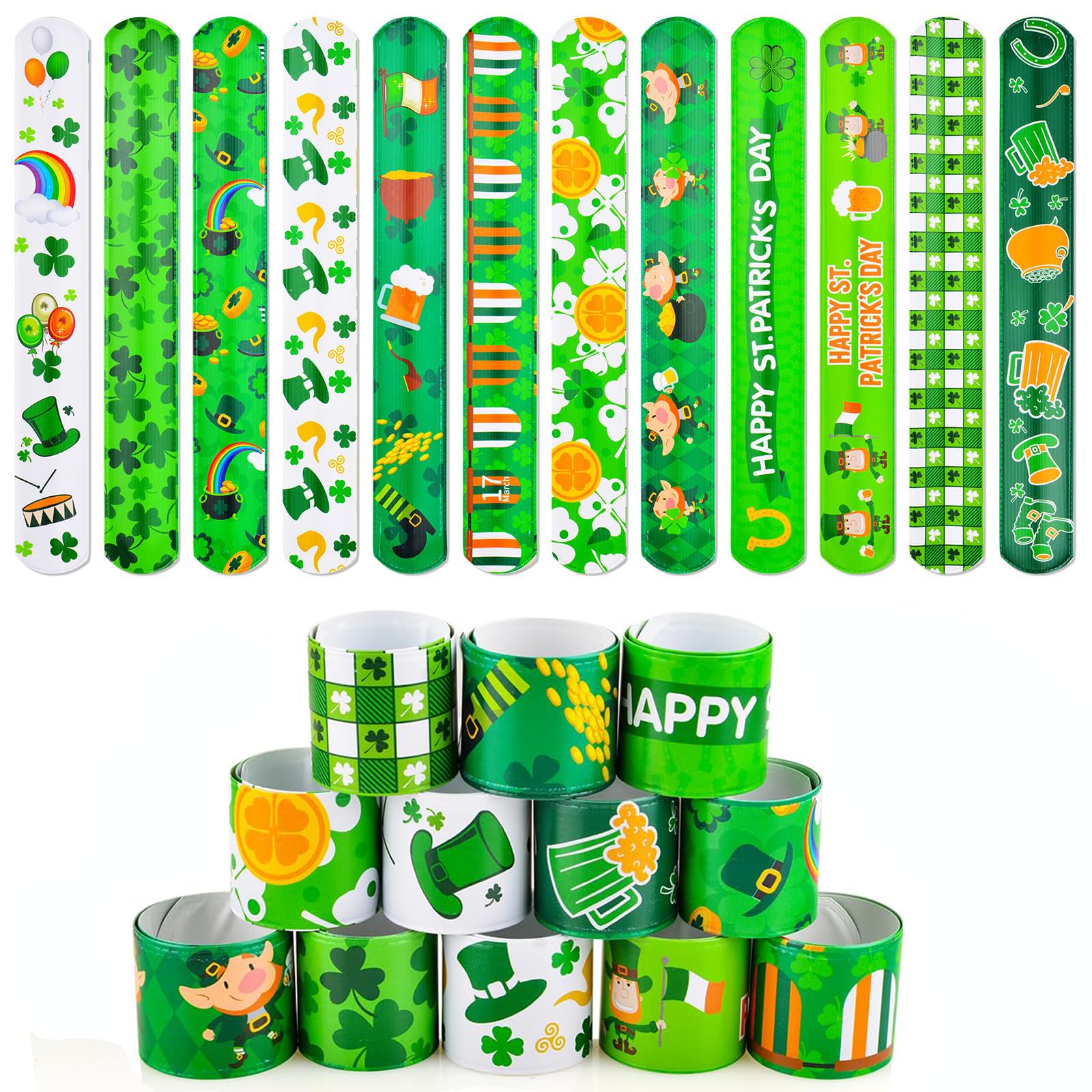 36PCS St Patricks Day Decorations Slap Bracelets Bright Green Lucky Shamrock Designs Rainbows