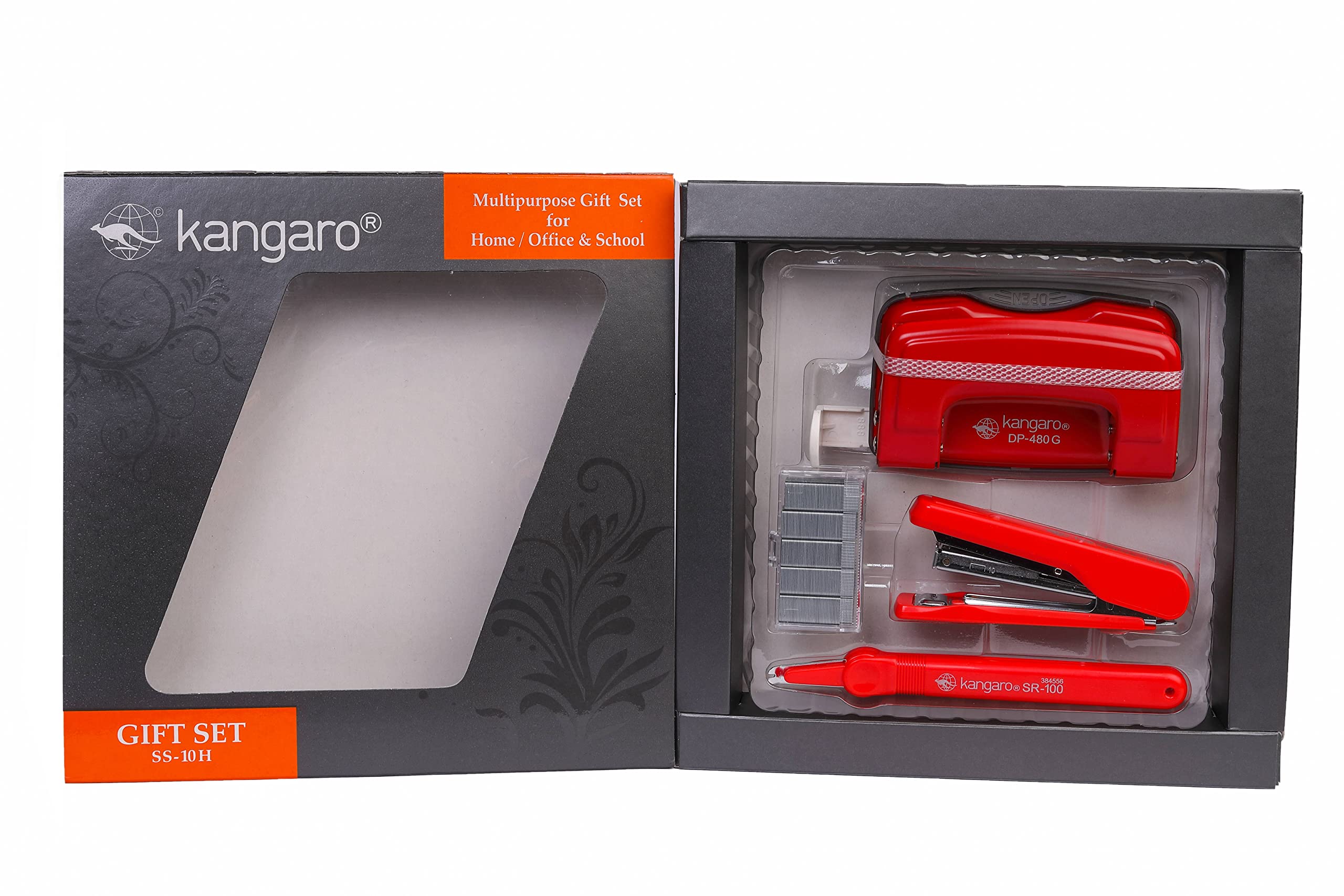Kangaro Desk Essentials SS-10H Combo - Confezione regalo multiuso | Set regalo di cancelleria | Cucitrice, graffette, perforatrice e rimozione punti metallici | Rosso, confezione da 1 | Il colore può