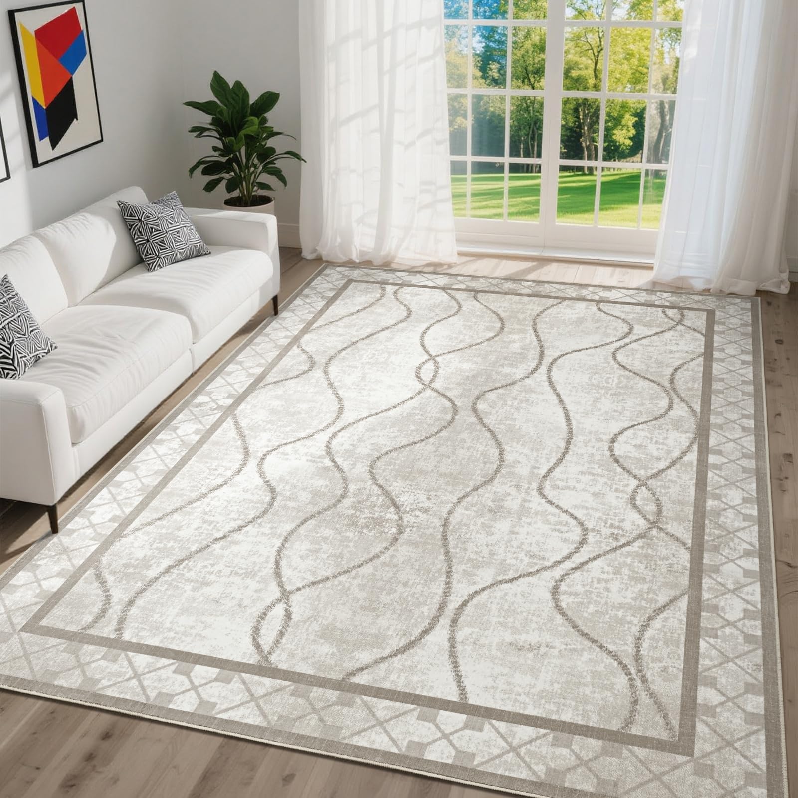 DweIke 4x6 Area Rugs for Living Room, Machine Washable Bordered Rug for Bedroom, Luxury Rubber Backing (Non-Slip) Low Pile Throw Carpet for Dining