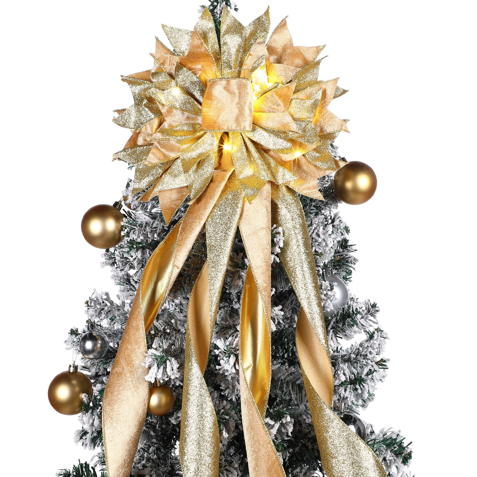Lazo grande de Navidad con cadena de luz dorada y adorno champán para árbol casero