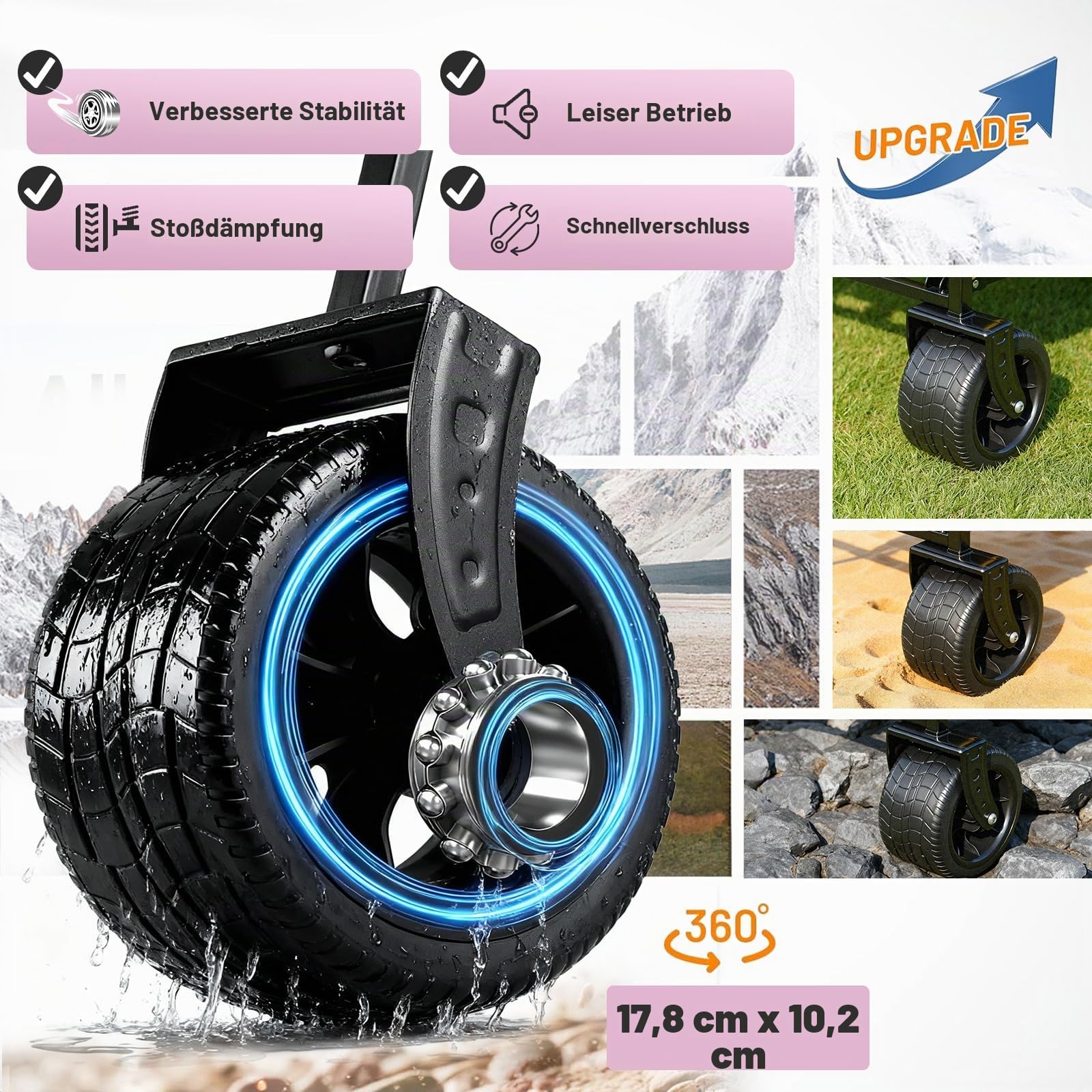 EchoSmile Bollerwagen Faltbar 200L 180KG Belastbar, Handwagen Transportwagen Klappbar mit Verstellbarem Griff, Breite Räder All-Terrain Strandwagen Gartenwagen Einkaufswagen, Rosa