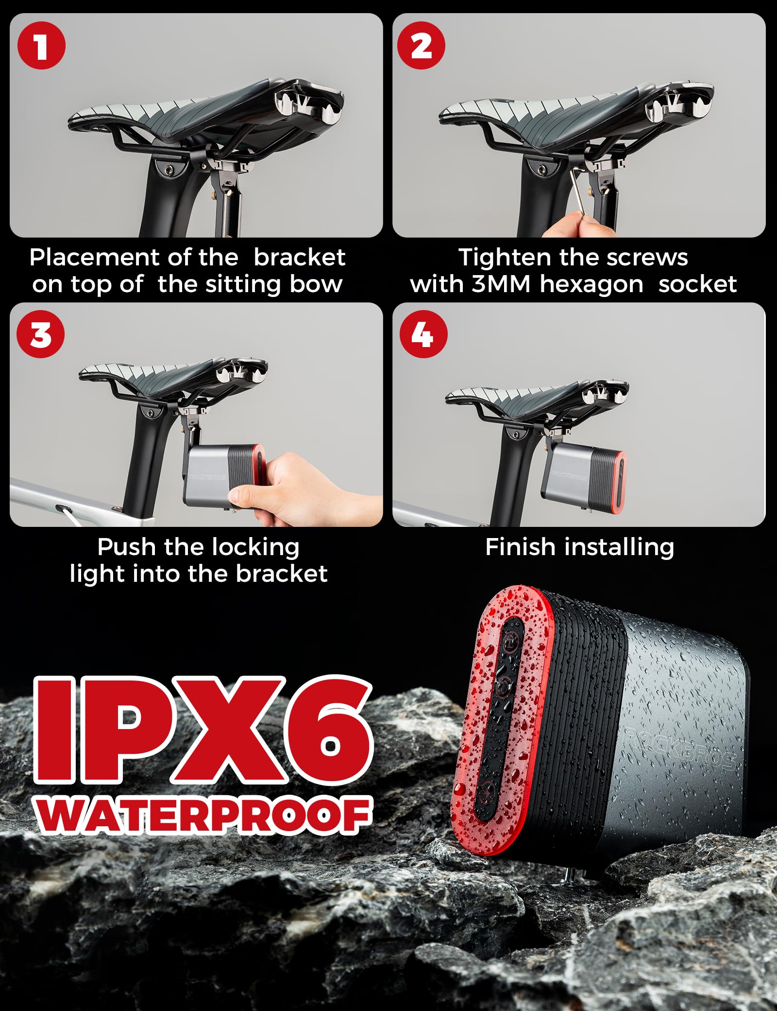 ROCKBROS Luz Trasera Bicicleta y Candado Bluetooth 2 en 1, Luz Inteligente con Encendido/Apagado Automático, 5 Modos y IPX6 Impermeable para MTB, Gravel, Ebike y Carretera
