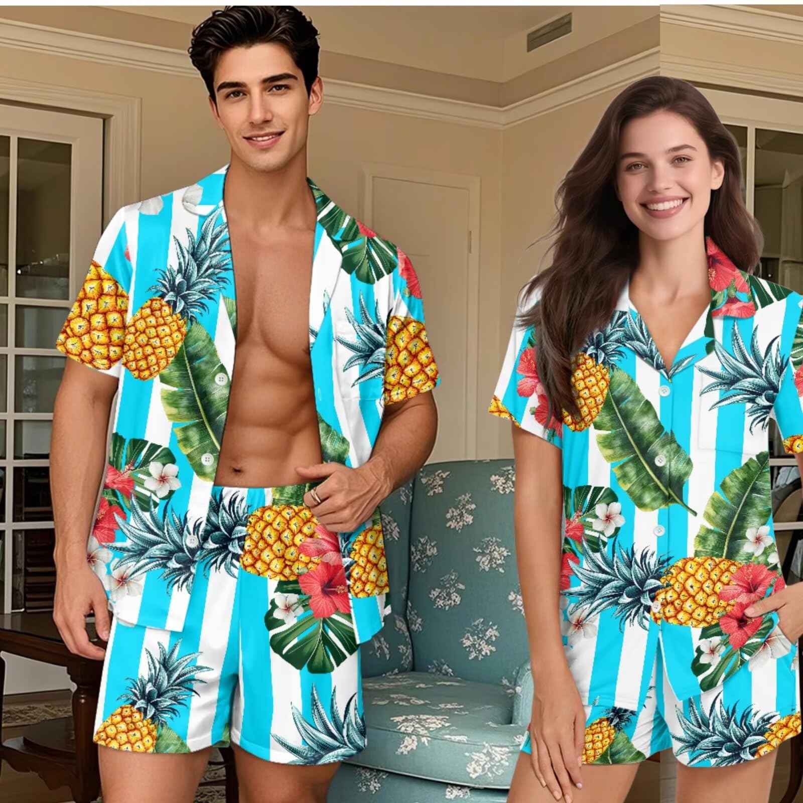 Pijamas a juego para parejas para él y ella, estilo casual, manga corta, con botones, ropa de descanso, 2 piezas