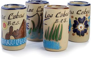 Tequila Shot Glasses - Set of 4 Mexican Shot Glasses - 2 Oz - Ceramic - Mexican Beach Collection- Handcrafted Hand-painted (Los Cabos)