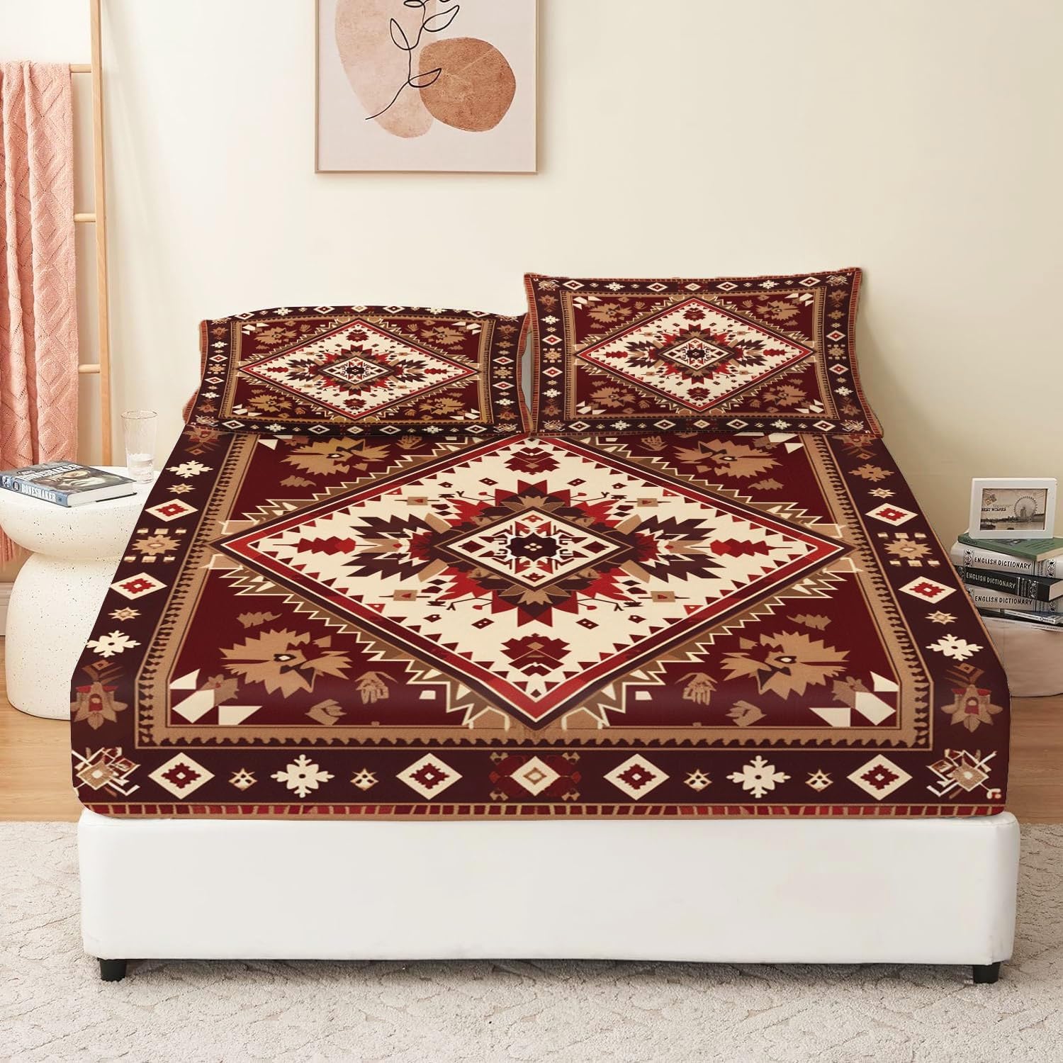 Print Fitted Sheet Set Full Size for Kids Boys Girls, Bed Sheets Indian Style Red Pattern Geometric Pattern Fitted Sheet Adults Flat Sheet Soft Luxury, Home Room Decor 4Pcs