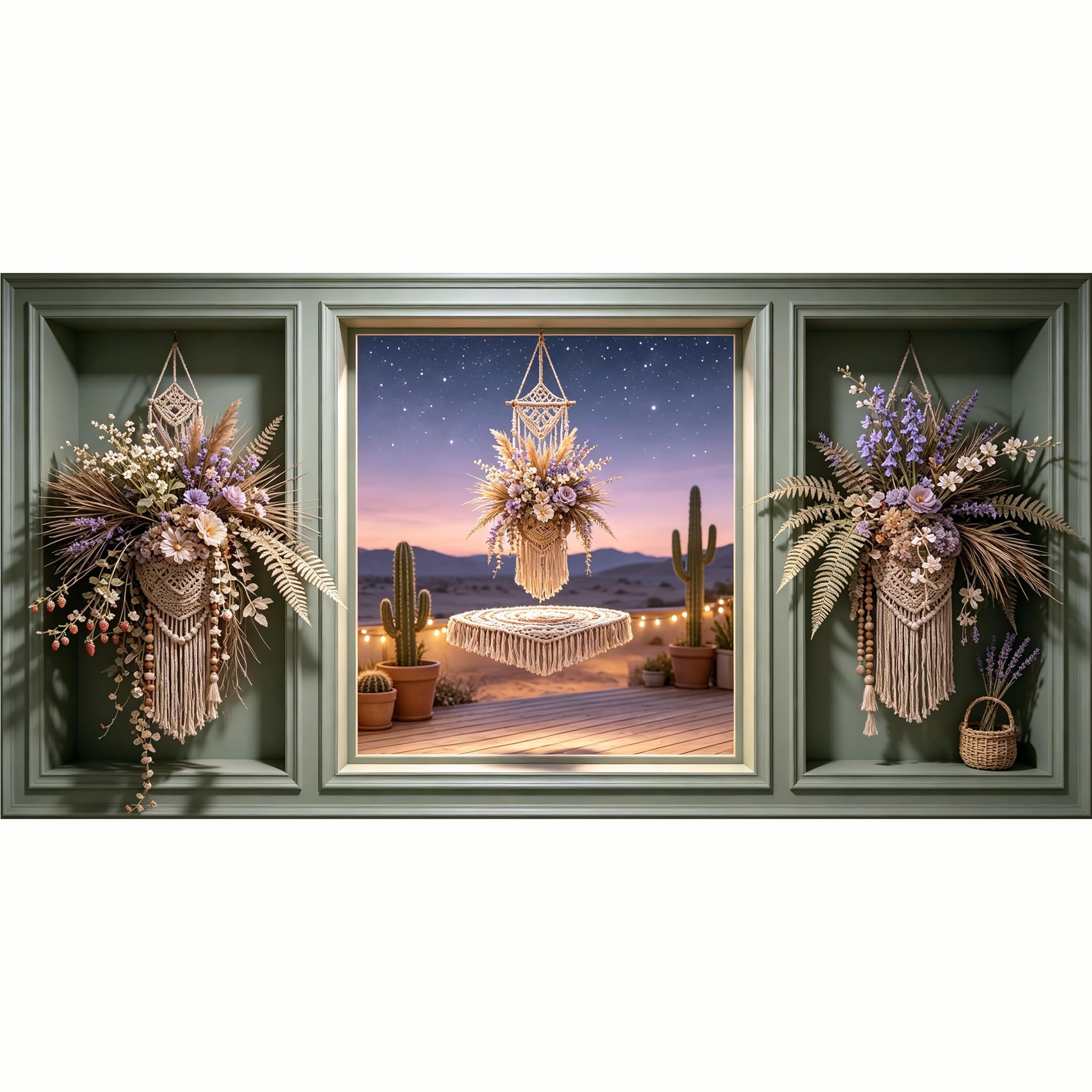 QZLITHOTIC 50x100cm 3D Framed Wall Art， Bohemian Macrame Desert Cactus Floral SelfAdhesive Mural， Water‑Activated Peel & Stick Fabric Decor Wall Decal for Bedroom Living Room