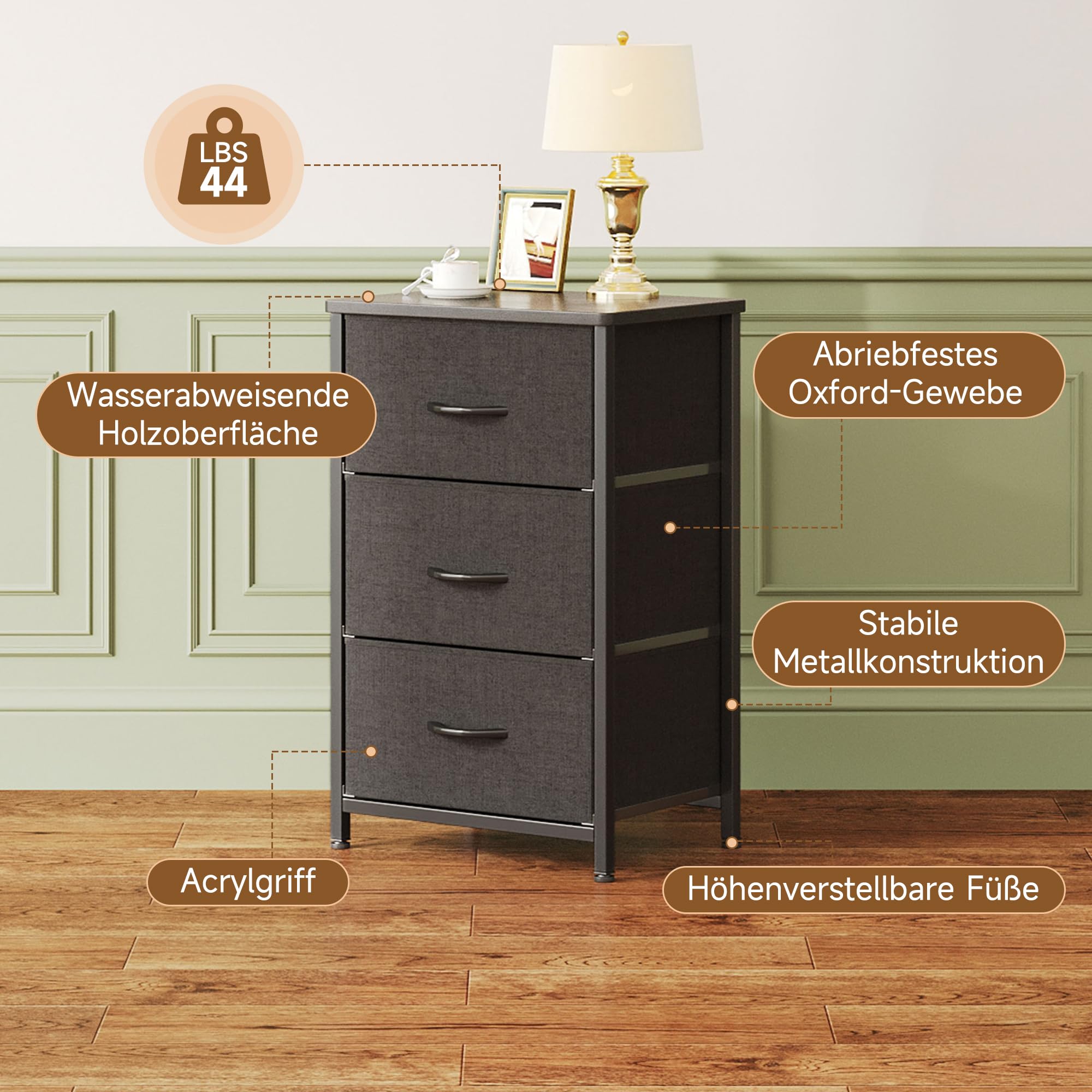 CAIYUN Cómoda de cabecera con 3 cajones, estrecho armario de tela, aparador con tablero de madera, almacenamiento para dormitorio, sala de estar, pasillo, diseño moderno, negro, ahorro de espacio