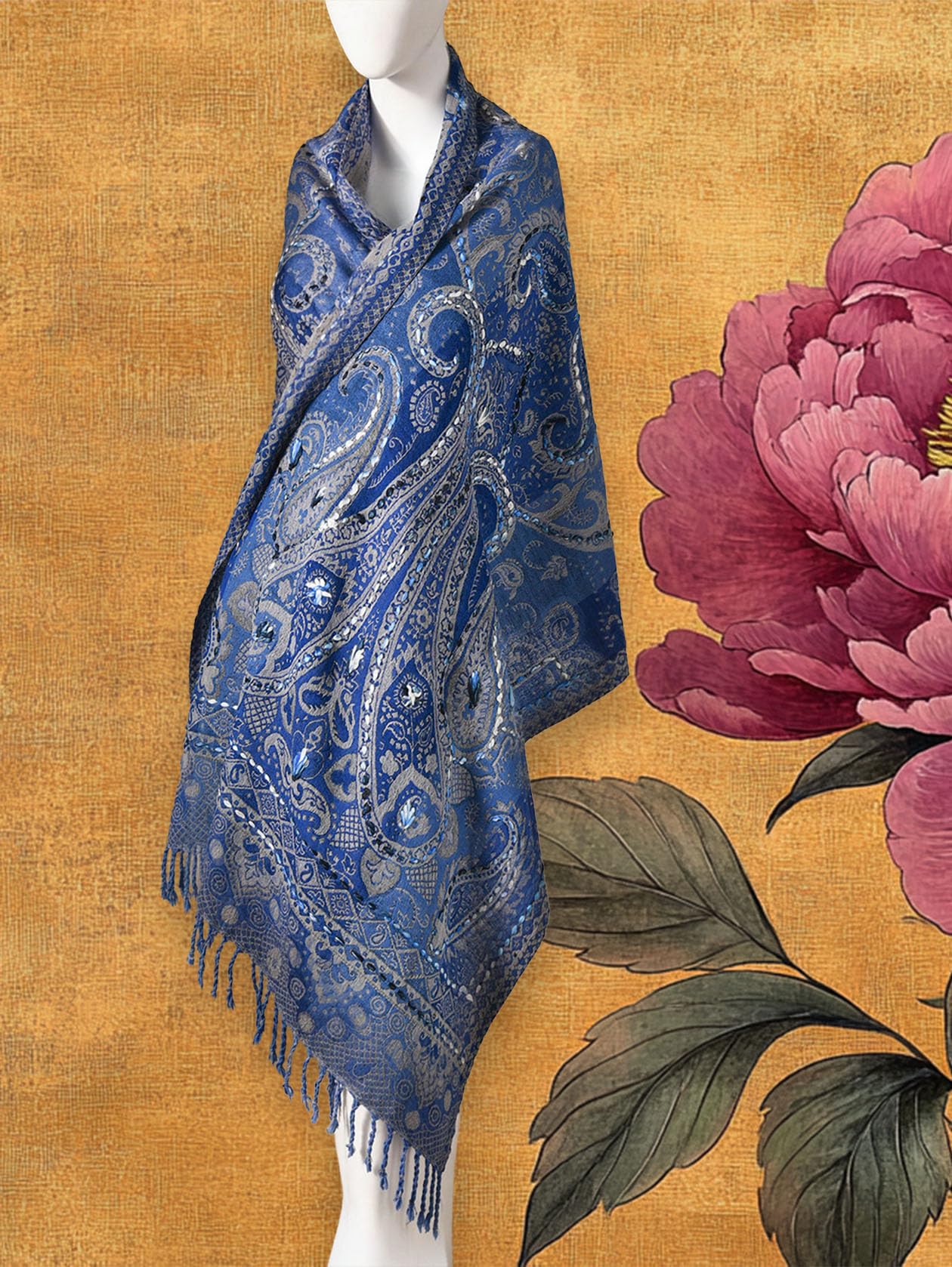 HangErFeng Wełniany szal Paisley szalik ręcznie haftowany owijany frędzle 1661