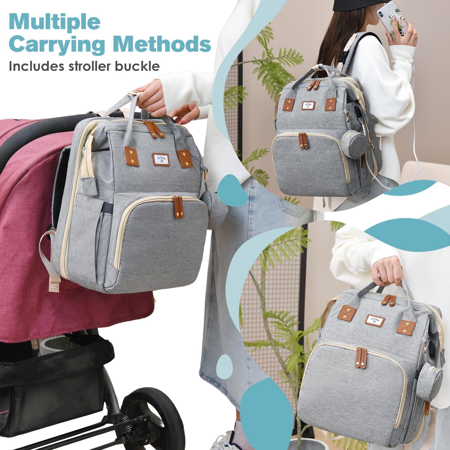 Diaper Bag Backpack, Large Waterproof Lightweight Diaper Bag with Changing Station, Insulated Pockets, USB Port & Stroller Straps, Travel Baby Bag for Mom and Dad, Baby Shower Gifts (Grey)