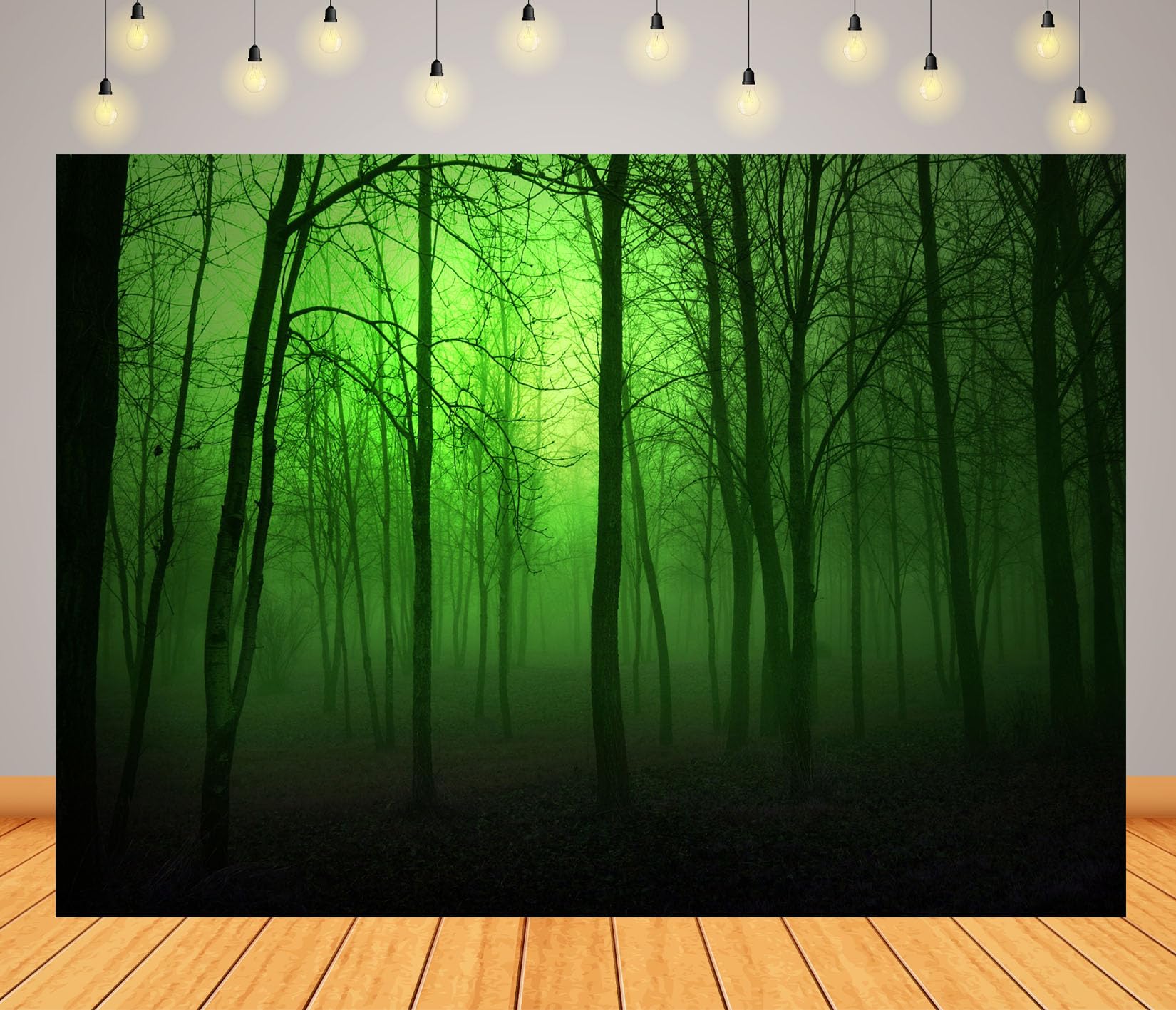 10x6.5FT (3x2m) Foresta Nebbiosa Verde Neon Sfondo Fotografico | Silhouette Di Bosco Inquietante Fondale In Tessuto,Alberi Alti Spogli,Per Feste Halloween E Ritratti Spaventosi,Photo Booth
