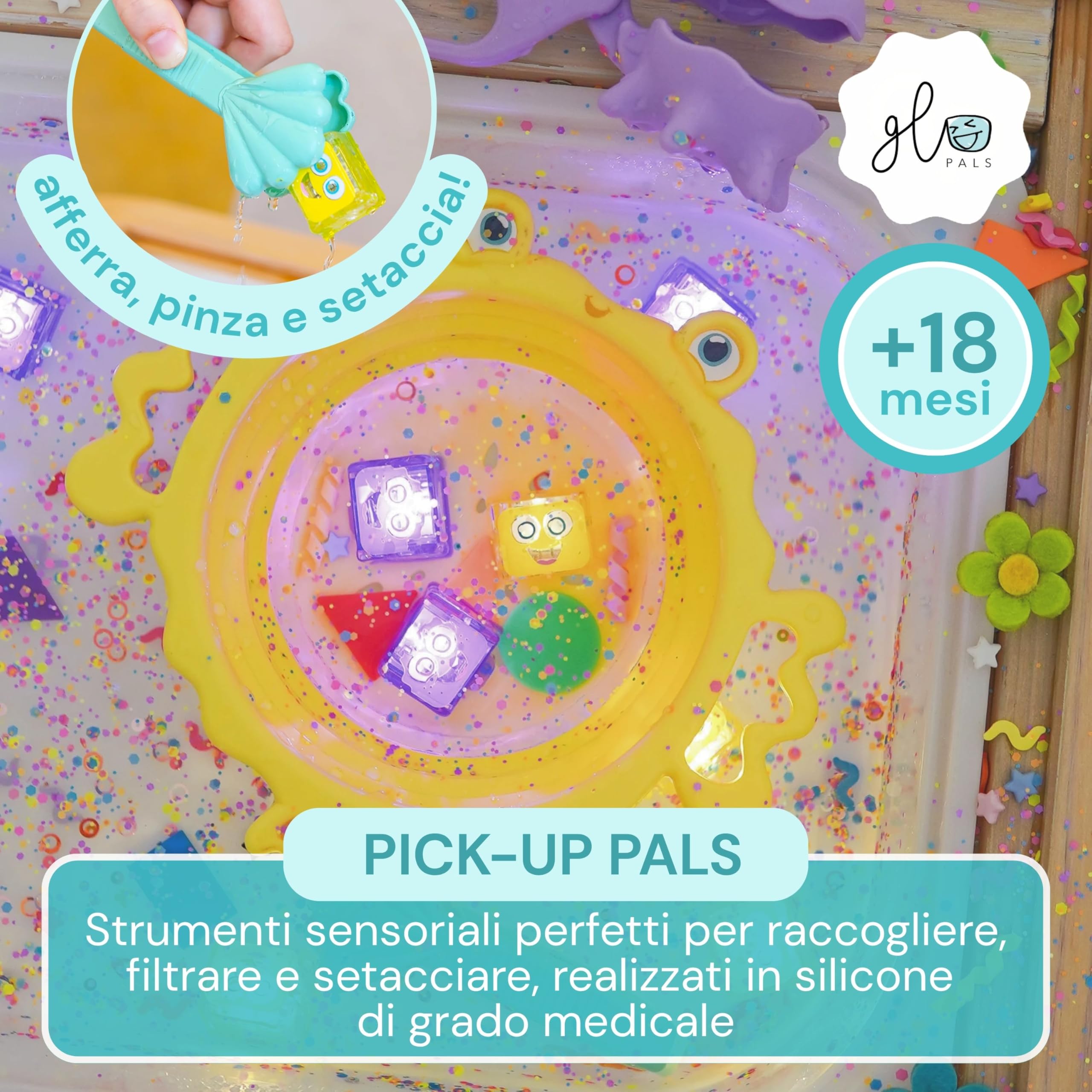 Glo Pals, Set di 3 Strumenti Sensoriali Pick Up Pals, con Scuotitore, Pinzette e Scovolo, Gioco per Bambini da 18 Mesi di Età, Aiuta lo Sviluppo Sensoriale e Cognitivo, in Silicone Medicale