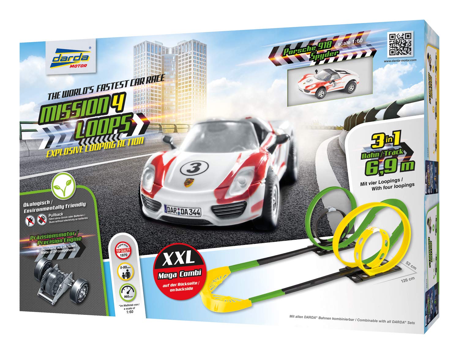 Darda - 50255 Rennbahn Set Mission 4 Loops, Autorennbahn Autos, Rennstrecke ca. 6,90 Meter, Bahn mit 4 Loopings, 1 Steilkurve und 1 Rennwagen, Rennauto Spielset für Kinder ab 5 Jahre