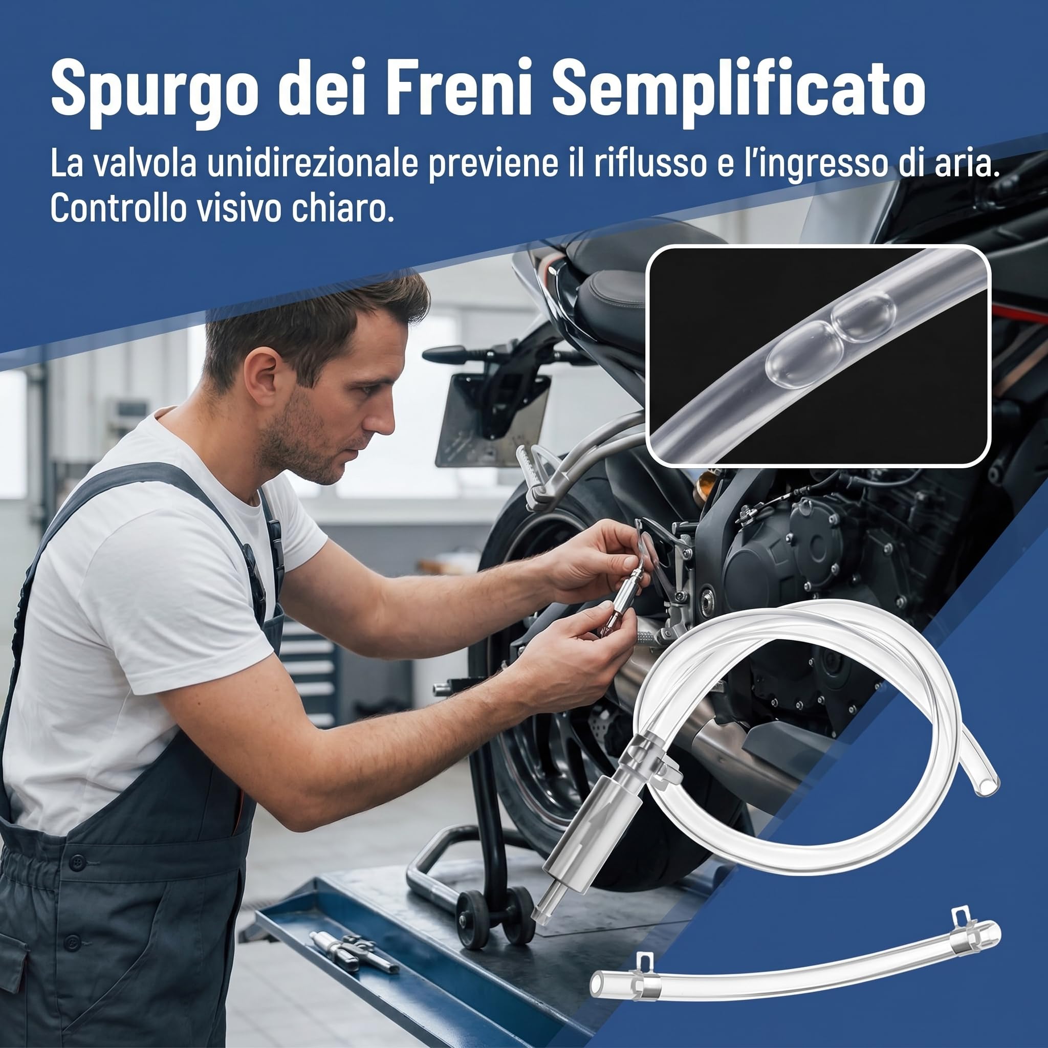 Kit Spurgo Freni Moto, Siringa per Spurgo Freni Motocicletta, Strumento per Sanguinamento Impianto Freno con Tubo Trasparente e Valvola (Trasparente)
