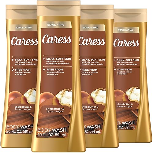 Caress Gel de baño para mujer, manteca de karité y azúcar moreno, gel de ducha hidratante y exfoliante para una piel radiante hermosa, 20 onzas
