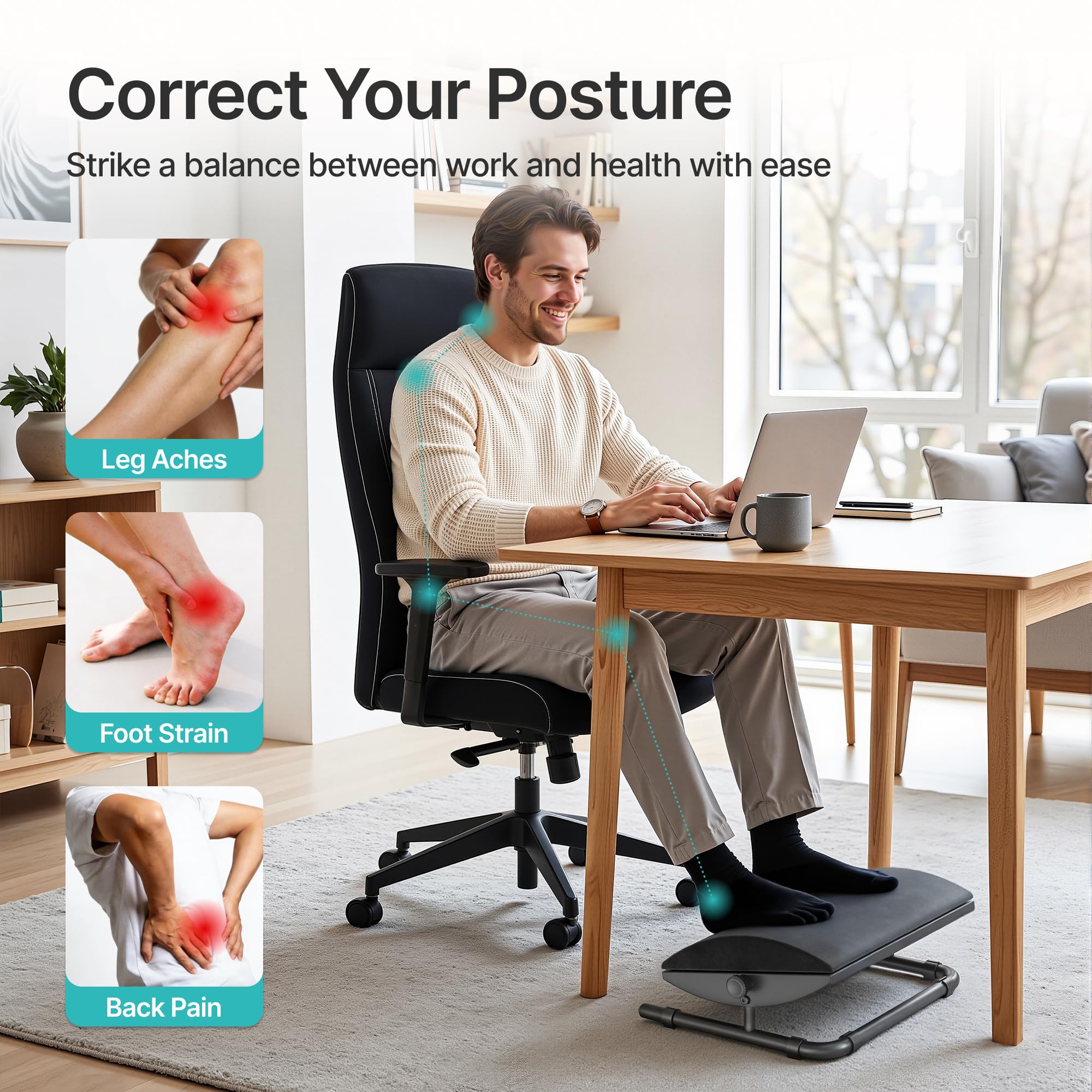 PEGZONE Ergonomischer Fußständer unter Schreibtisch, verstellbarer Fußständer mit abnehmbarem Memory Foam und rutschfestem Stahlbasis, waschbares Gehäuse, für Heimarbeit und Studium, Schwarz