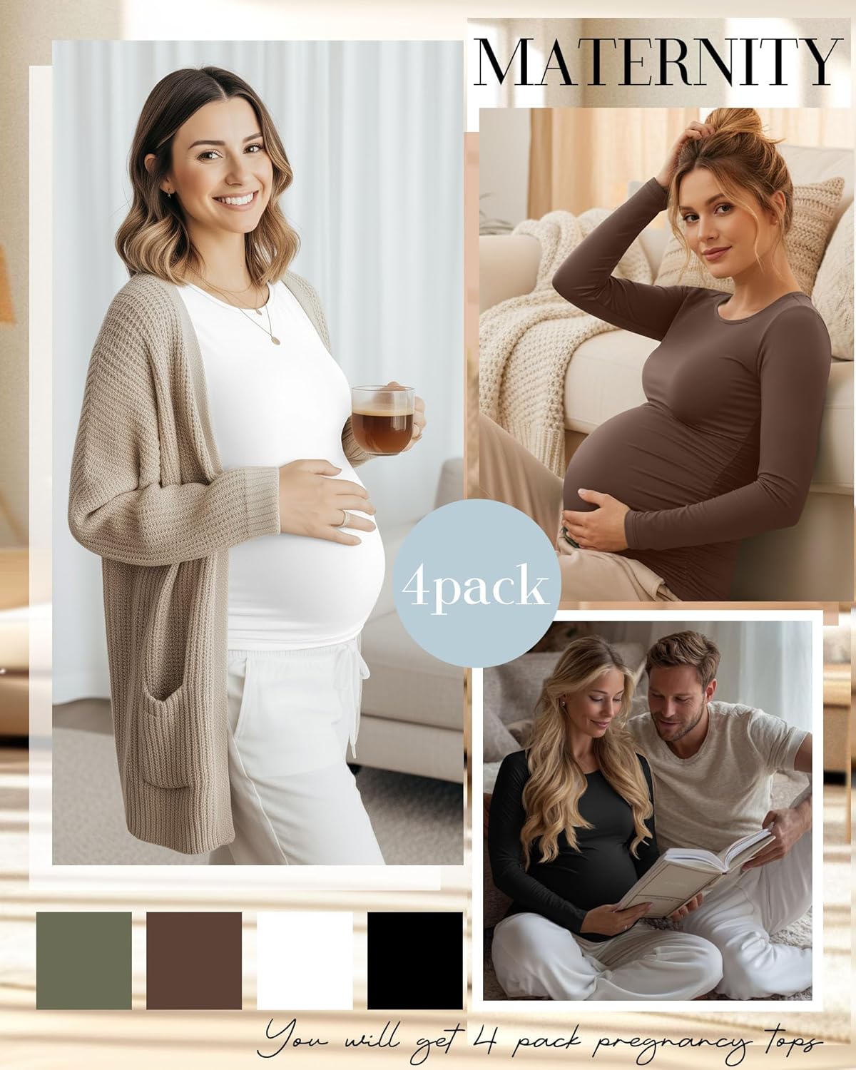 Huukeay 4 Pack Women's Maternity T Shirts, Long Sleeve Side Ruched Pregnancy Top Crew Neck Bodycon Shirts Casual Mama Clothes - Image 3