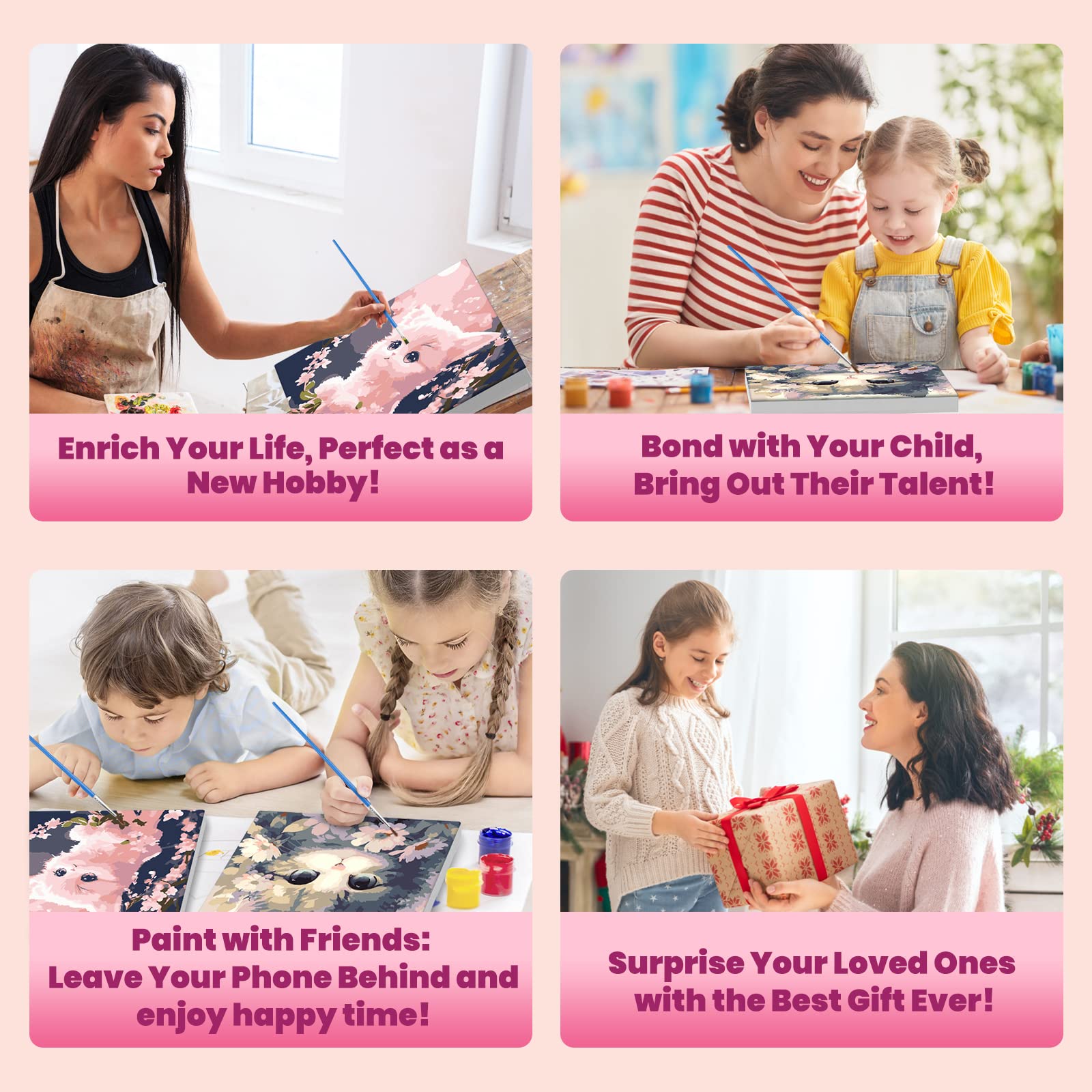SENQAO Lot De 4 Peintures Par Numéro Avec Cadre – Animaux Colorés, 20x20 Cm, Toile Prête à Peindre – Loisir Créatif Adulte Enfant
