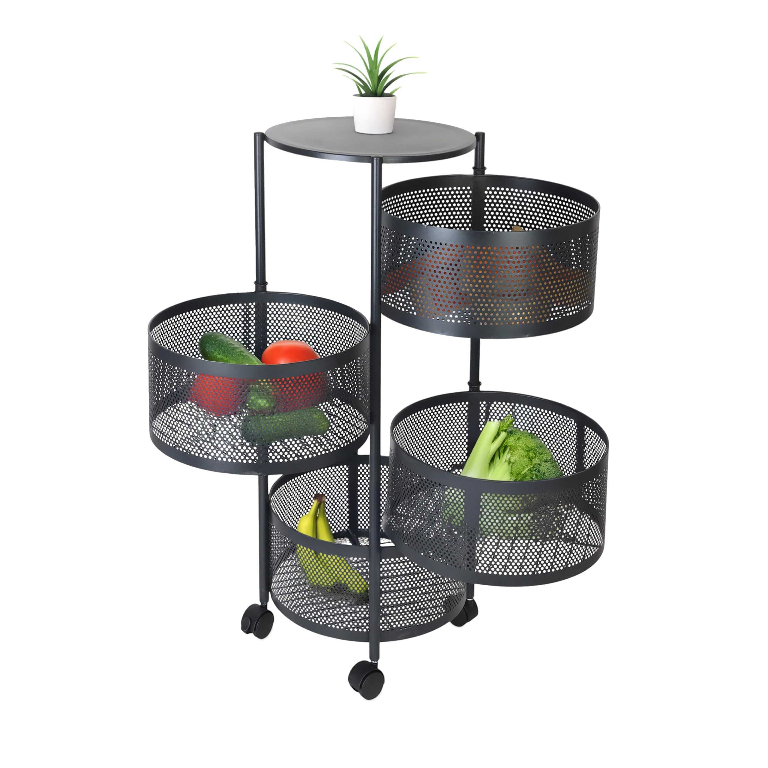 Relaxdays Carrello da Cucina con Ruote e 4 Ripiani Girevoli, HxL: 75x34 cm, Metallo, Carrellino Multiuso da Bagno, Nero