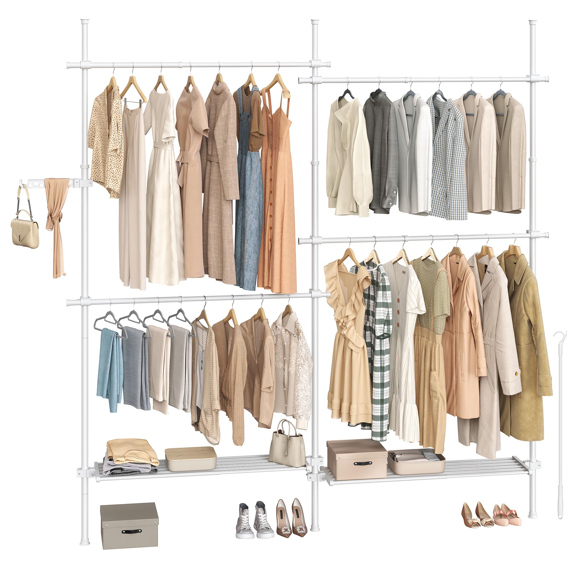 SONGMICS Clothes rack on the ceiling, 3-stage wardrobe, height and width adjustable, open wardrobe with removable shelves, wardrobe, gripping arm, matt black HSR154B01