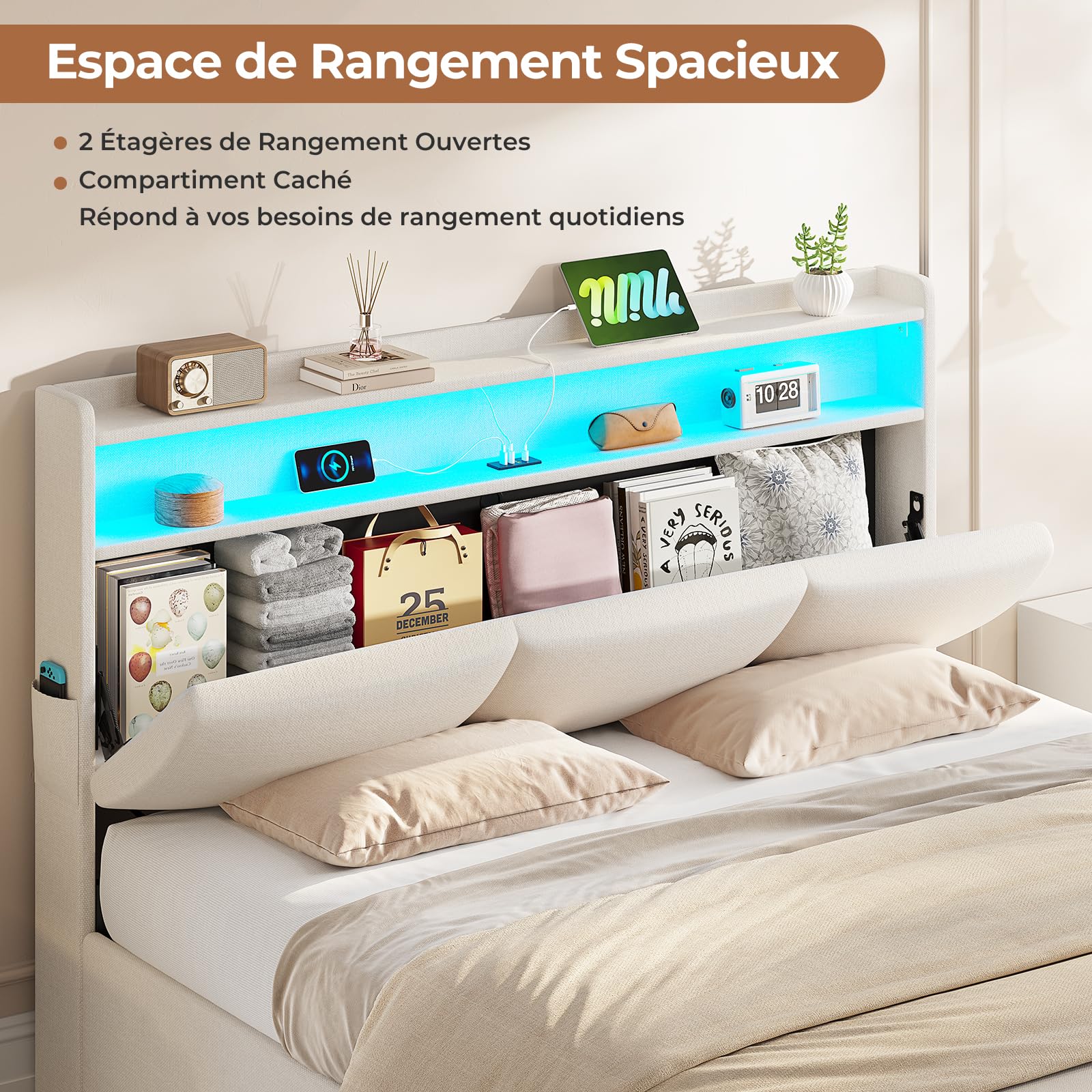 AOGLLATI Lit Coffre 140×190 avec LED et Ports USB,Tête de Lit capitonné avec Étagères Ouvertes et Rangement Caché, lit 2 Personnes avec Hydraulique, Sommier à Lattes, Lin Beige (sans Matelas)