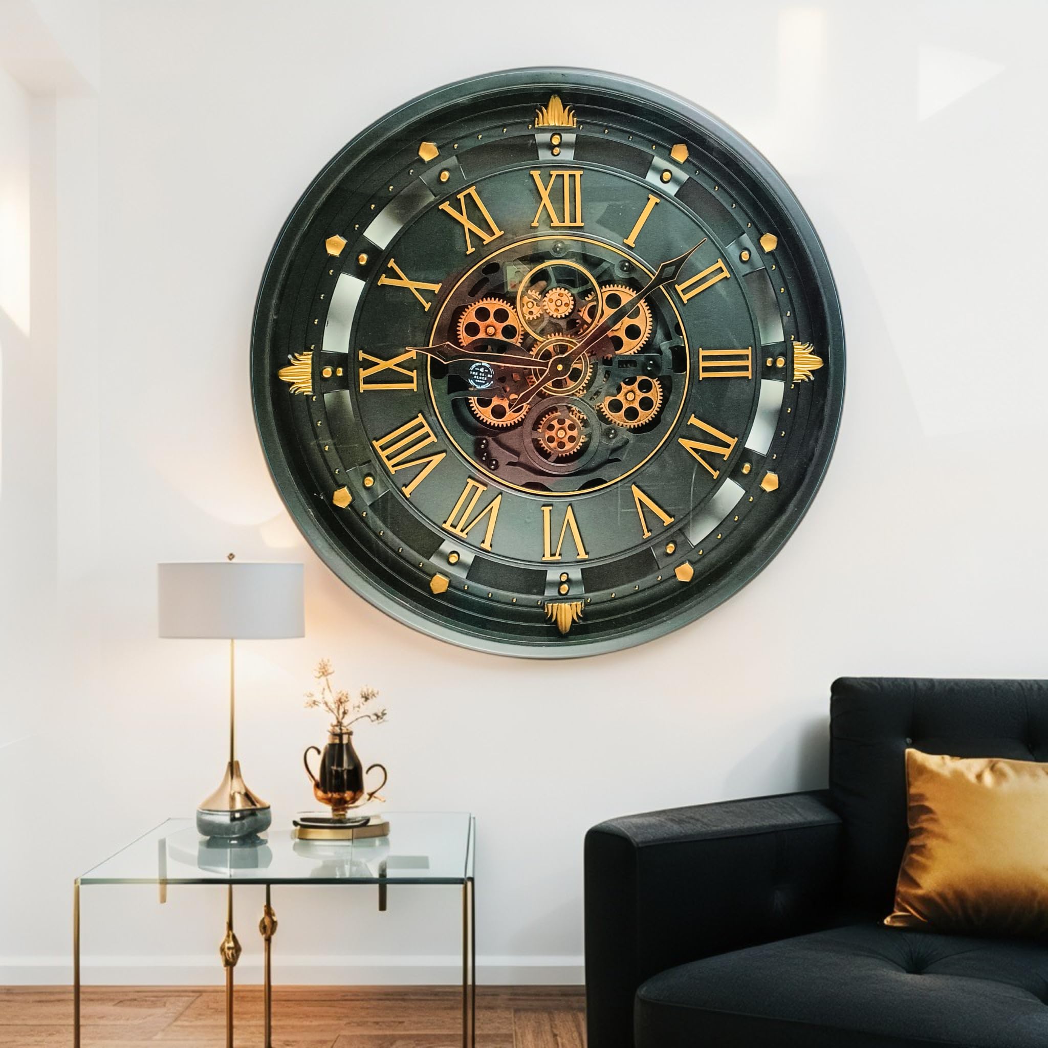 ImprovingLife The Gears Clock Horloge murale de 66 cm (26 pouces) avec véritables engrenages mobiles Ligne Belgique avec couvercle en verre (Noir, 66 cm (26 pouces))