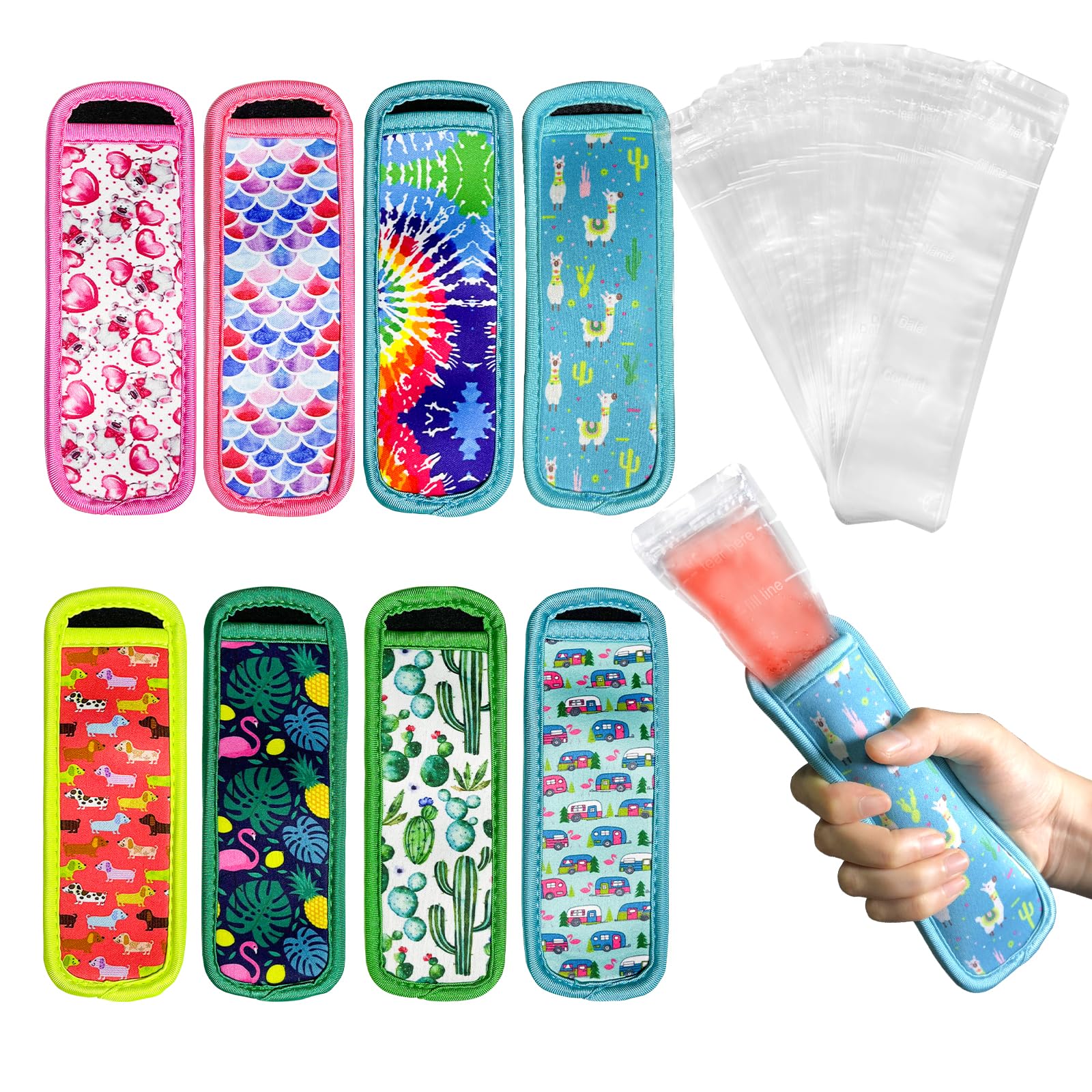 8 Pcs Popsicle Sleeves & 100 Pcs Bags Set: Reusable Freeze Popsicle Holders/Covers for Kids, BPA-Free Ice Pop Bags for DIY Ice Popsicle, Freezer Pop Mold Tubes for Healthy Fruit Smoothies