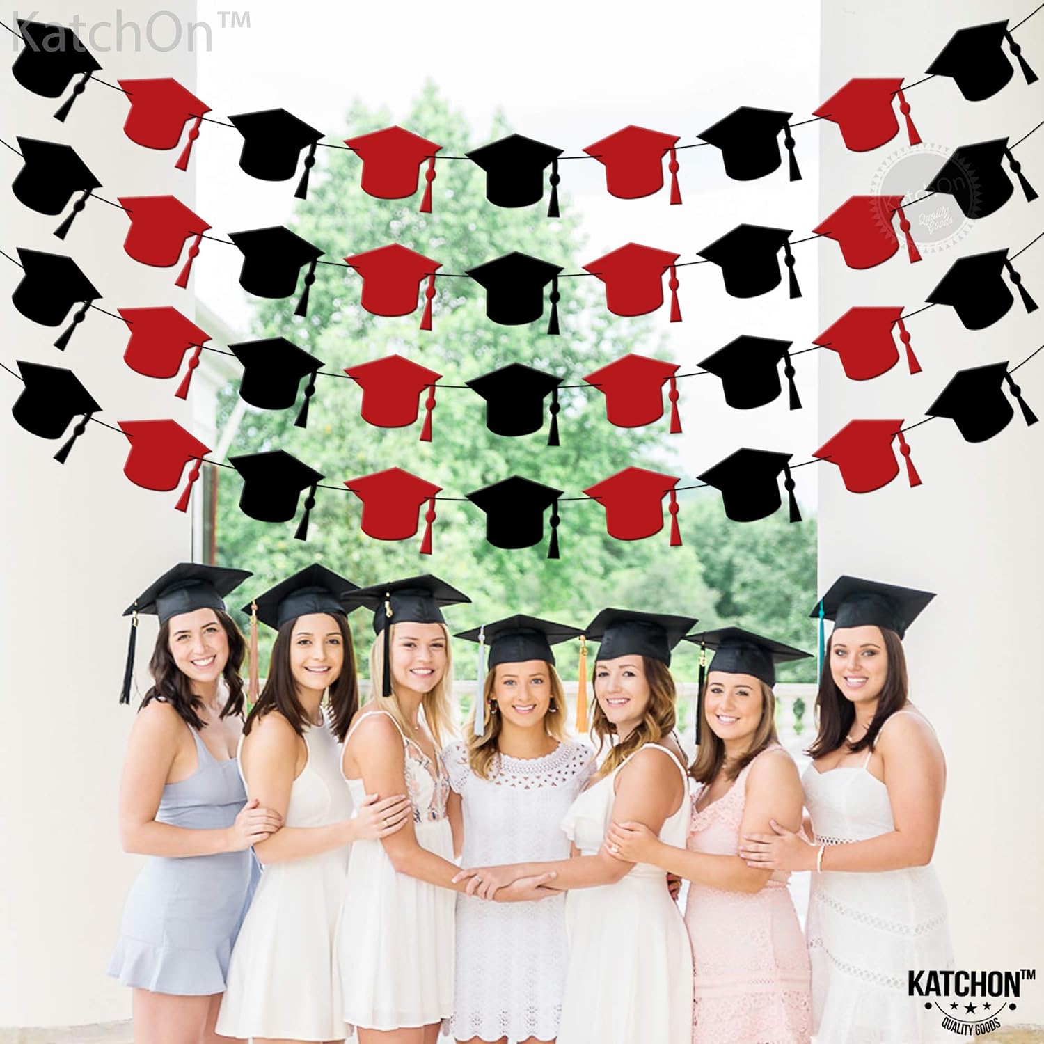 KatchOn, Red and Black Graduation Cap Garland, 8 Feet - 4 Strings | Red and Black Grad Decoration Class of 2026 | Graduation Decorations 2026 | Graduation Cap Decorations