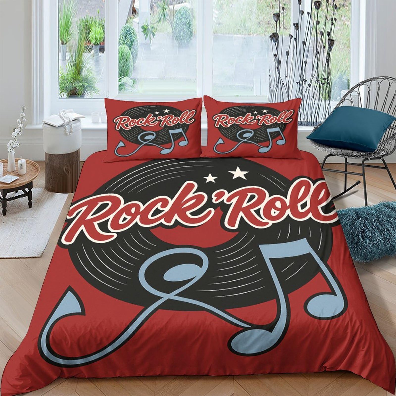 GPLZQXKJNH 3D Printed Rock'n'Roll Vinyl Duvet Cover Microfiber Red Bedding Set with 2 Pillowcases for Bedroom Décor Single（135x200cm）