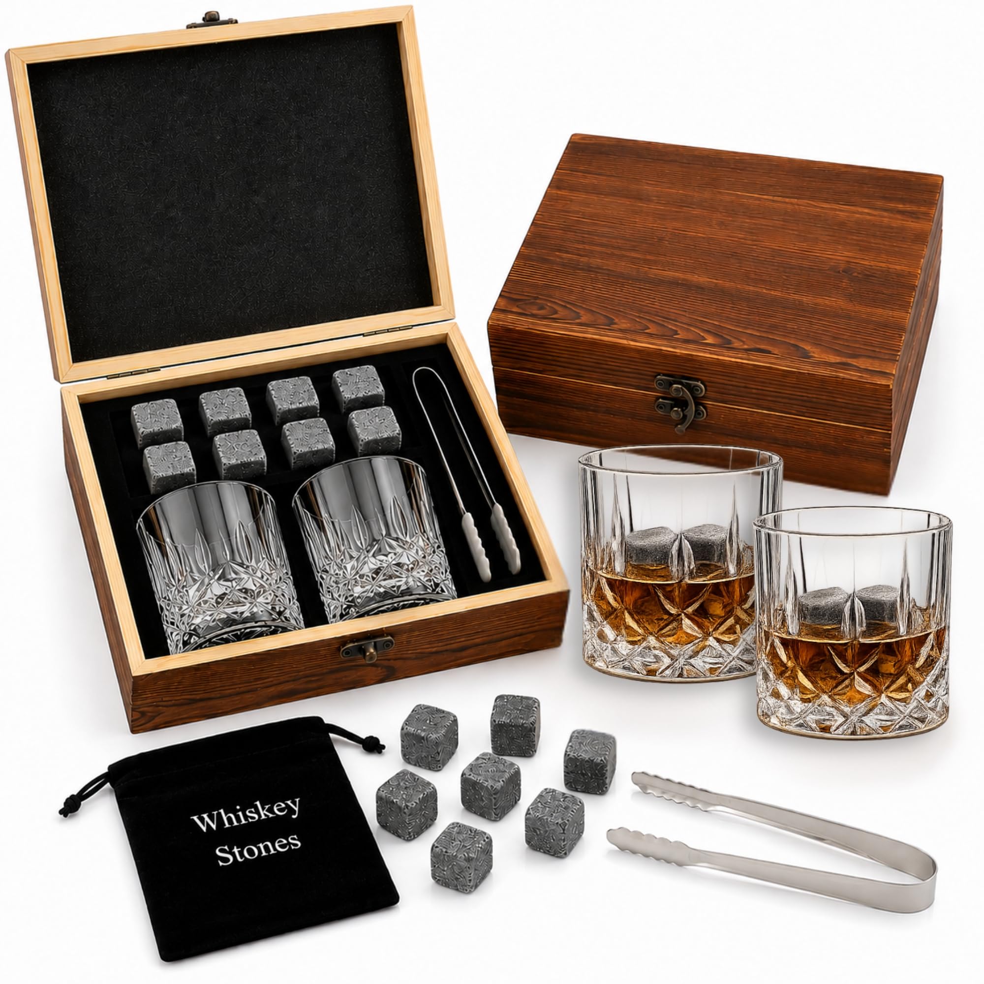 Elegant Whiskey Glass Stone Gift Wooden Box Set Tumbler Set comes with 2 Glass, 8 Whiskey Reusable Stones & Accessories. Father's Day Christmas Birthday for Dad Men Groomsmen Grandad (GIFT SET 1)