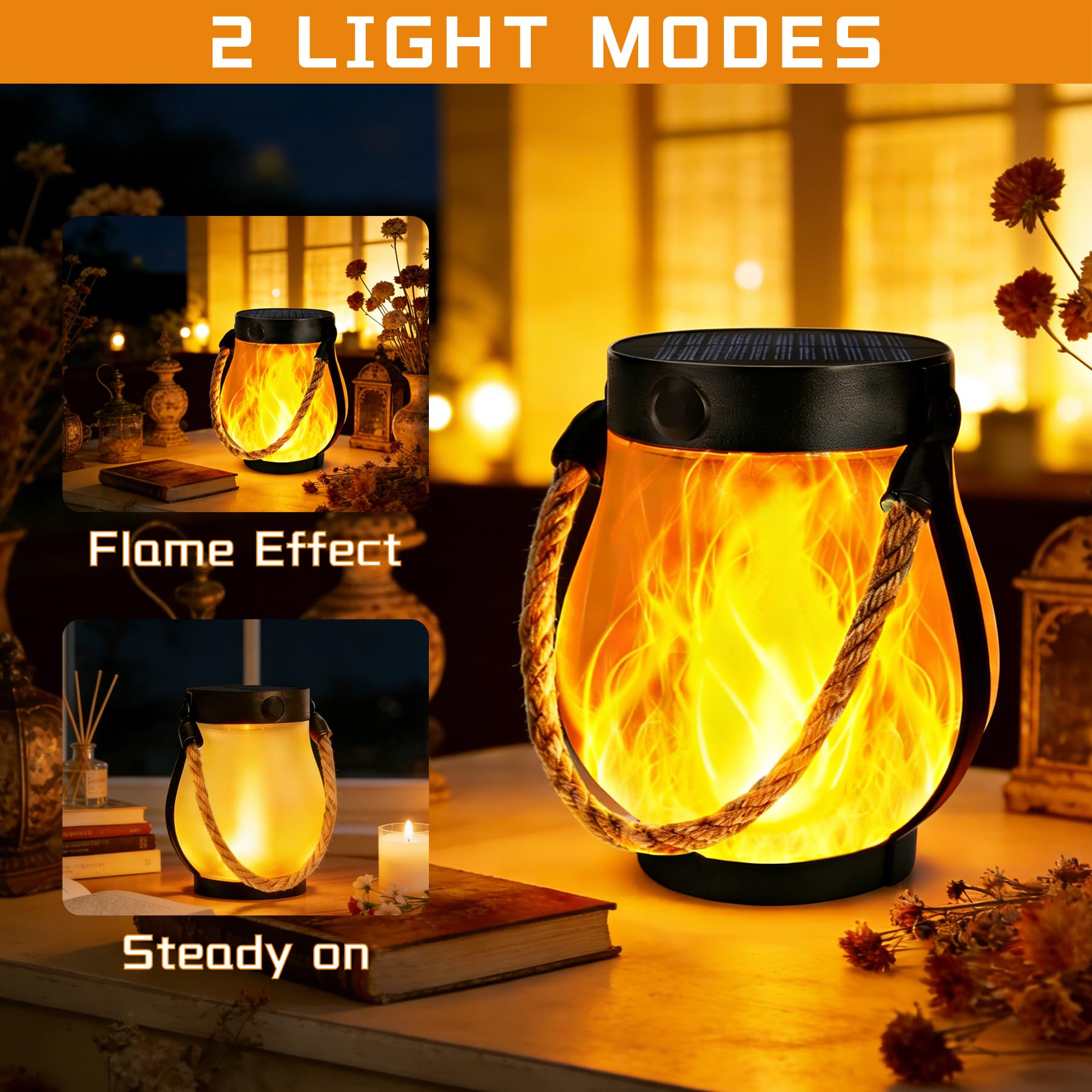 Solarlaternen für den Außenbereich, wasserdicht, flackernde Flamme, hängende Laternen, dekorativ, für den Außenbereich, mit 2 Modi, Dual-Aufladung, USB und solarbetrieben, für Veranda, Hof, Terrasse