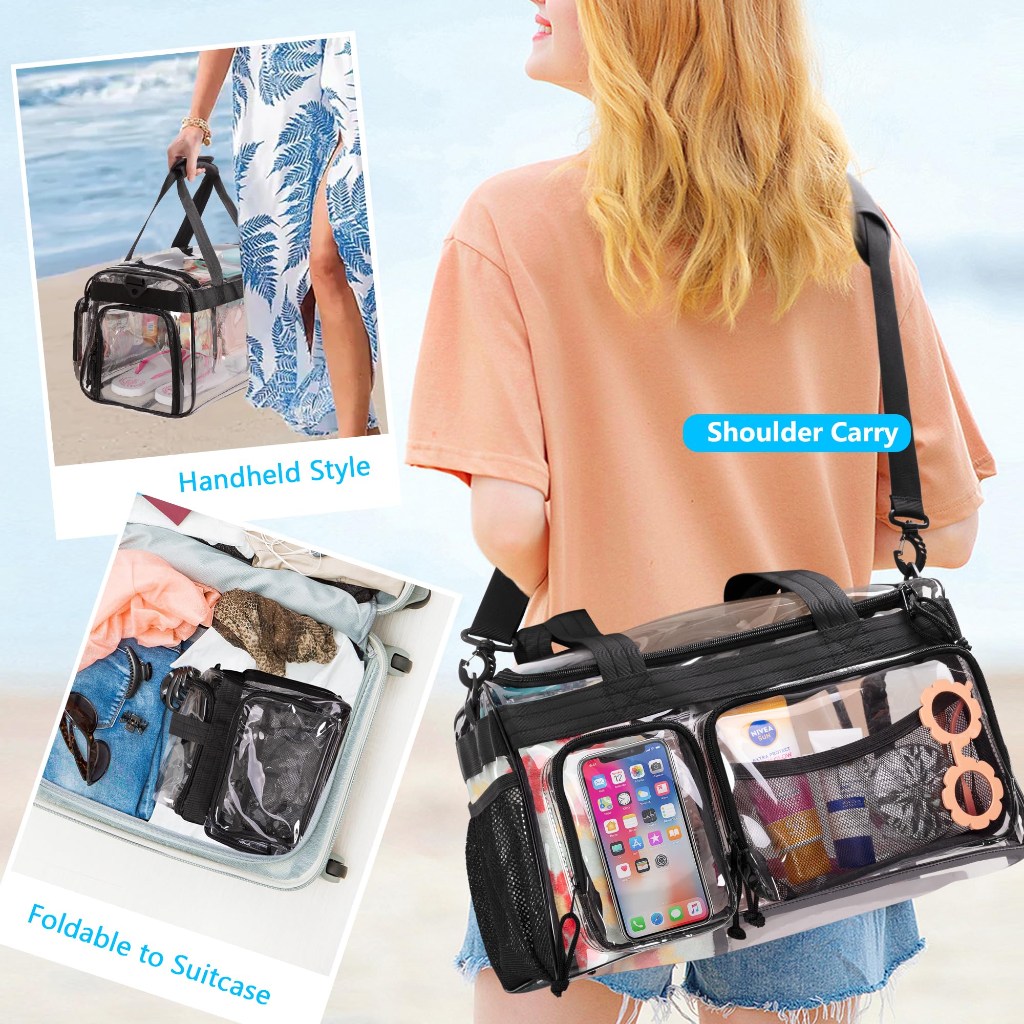 Yarwo Sac de Plage Transparent PVC Étanche avec Poche à Chaussures | Avec PVC Imperméable, Compartiment Chaussures, Plusieurs Poches et Fermeture Zippée pour Plage, Piscine et Stade