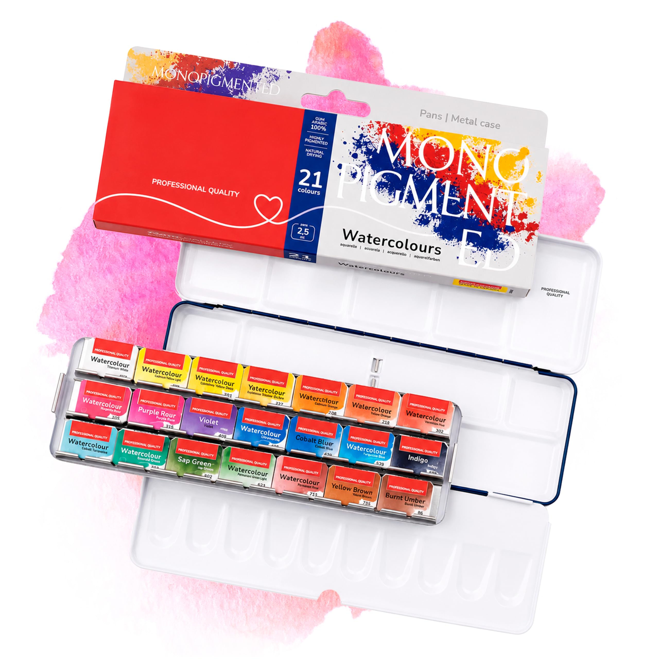 Aquarellfarben Set – 21 x Näpfchen Rosa Gallery Monopigment Aquarell | Professionelle Aquarell Set in Metallkasten | Hochwertig Künstler Aquarellkasten | Aquarellfarbe Wasserfarben