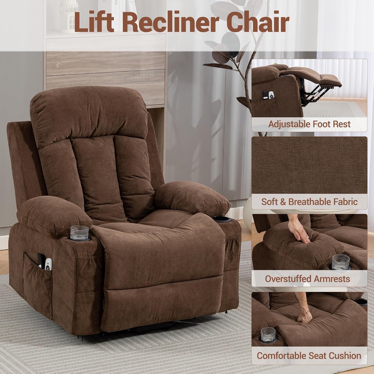 Living Room Bedroom Electric Single Sofa with 8 Vibration Massage Brown Power Lift Recliner Chair Cup Holder and USB Charge Port Heat for Elderly