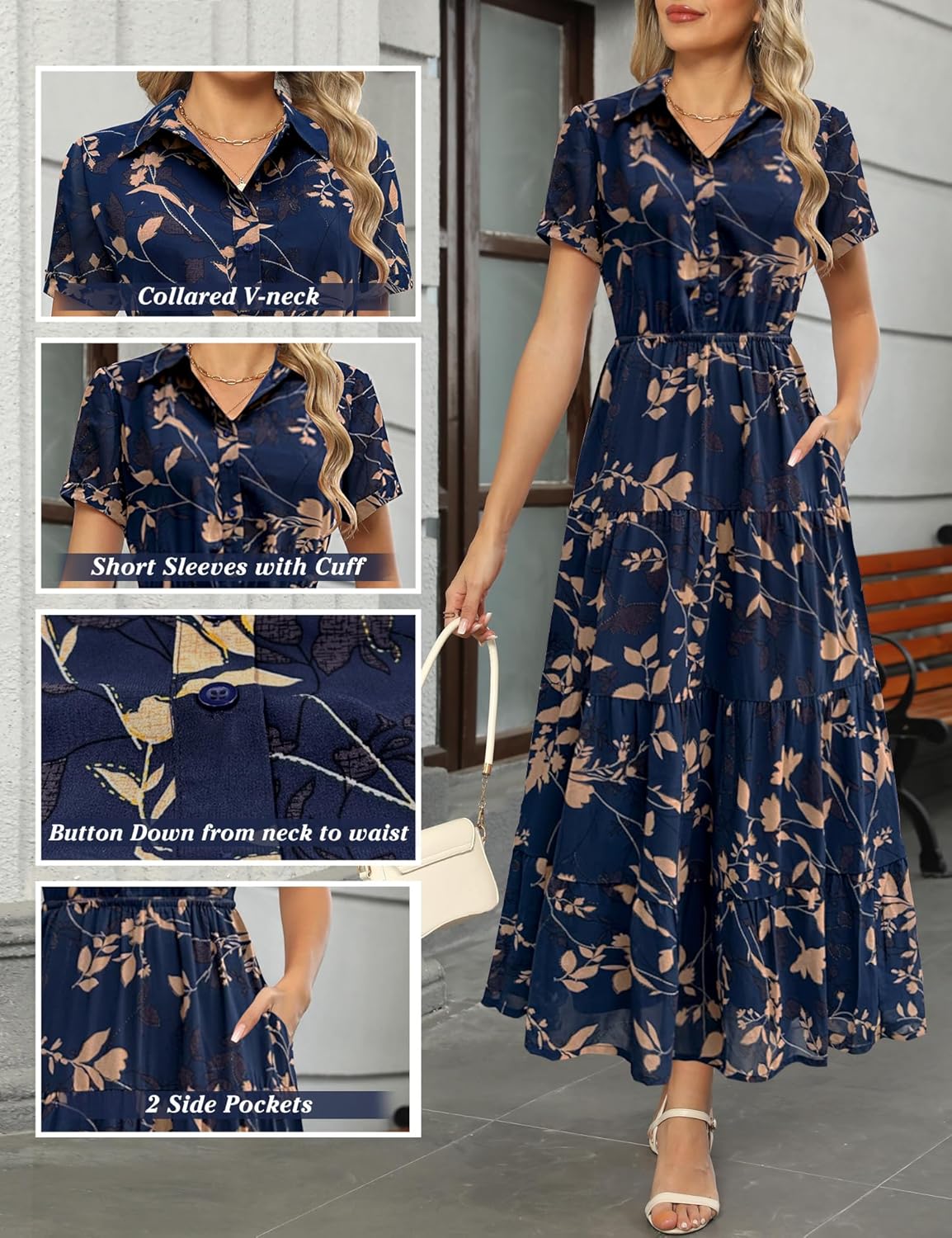 Kranda Women 2026 Summer Collared V Neck Short Sleeve Button Down Chiffon Long Tiered Floral Maxi Dress with Pockets
