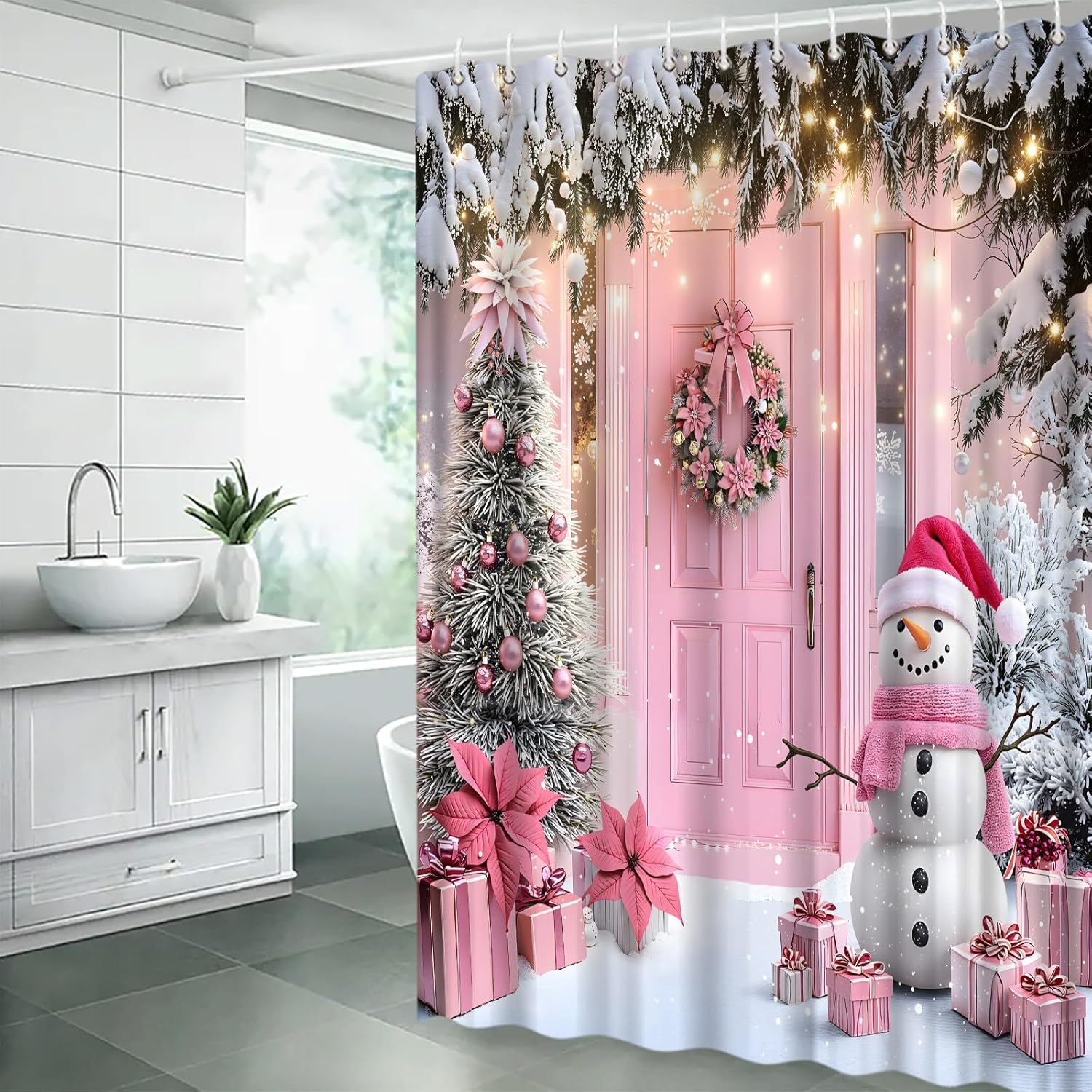 Christmas Shower Curtain Pink Snowman Green Xmas Tree Barn Door Snowflake Funny Rustic Farmhouse Winter Holiday 70" Wx96 H Bathroom Decor Curtain with Hooks
