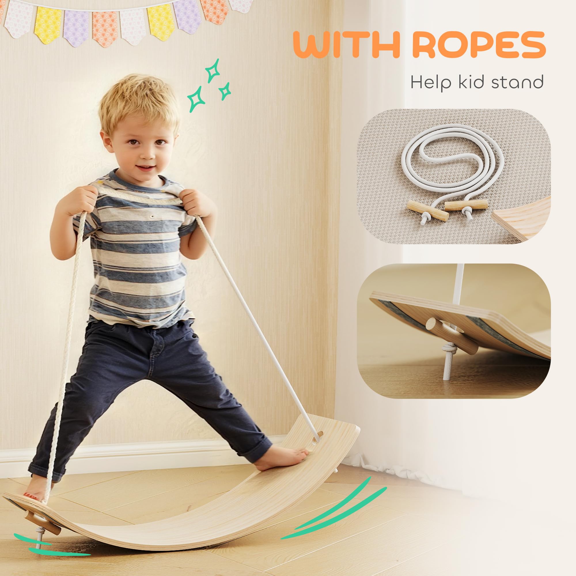 AIYAPLAY Kinder hölzerne Balance Board mit Seil, hölzerne Wobble Board mit Filz, Curvy Schaukel Wippe Outdoor Indoor-Spielzeug für sensorische Spiel, sensorische Spielgeräte für Kleinkinder 3-6 Jahre