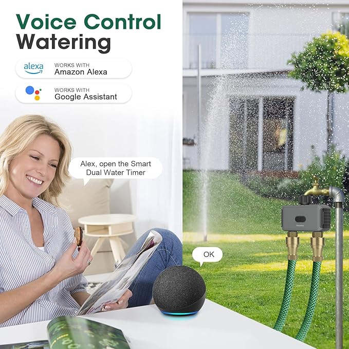 Transform your hose faucet into a programmable irrigation system with the Insoma garden hose timer, saving you time and water while keeping your plants healthy and hydrated. Backed by a 1-year manufacturer's warranty and lifetime support, you can trust that you'll receive excellent customer service for any questions or concerns you may have. Enjoy the convenience and efficiency of a smart irrigation system with the Insoma WiFi Sprinkle Timer. Description by ChatGPT.