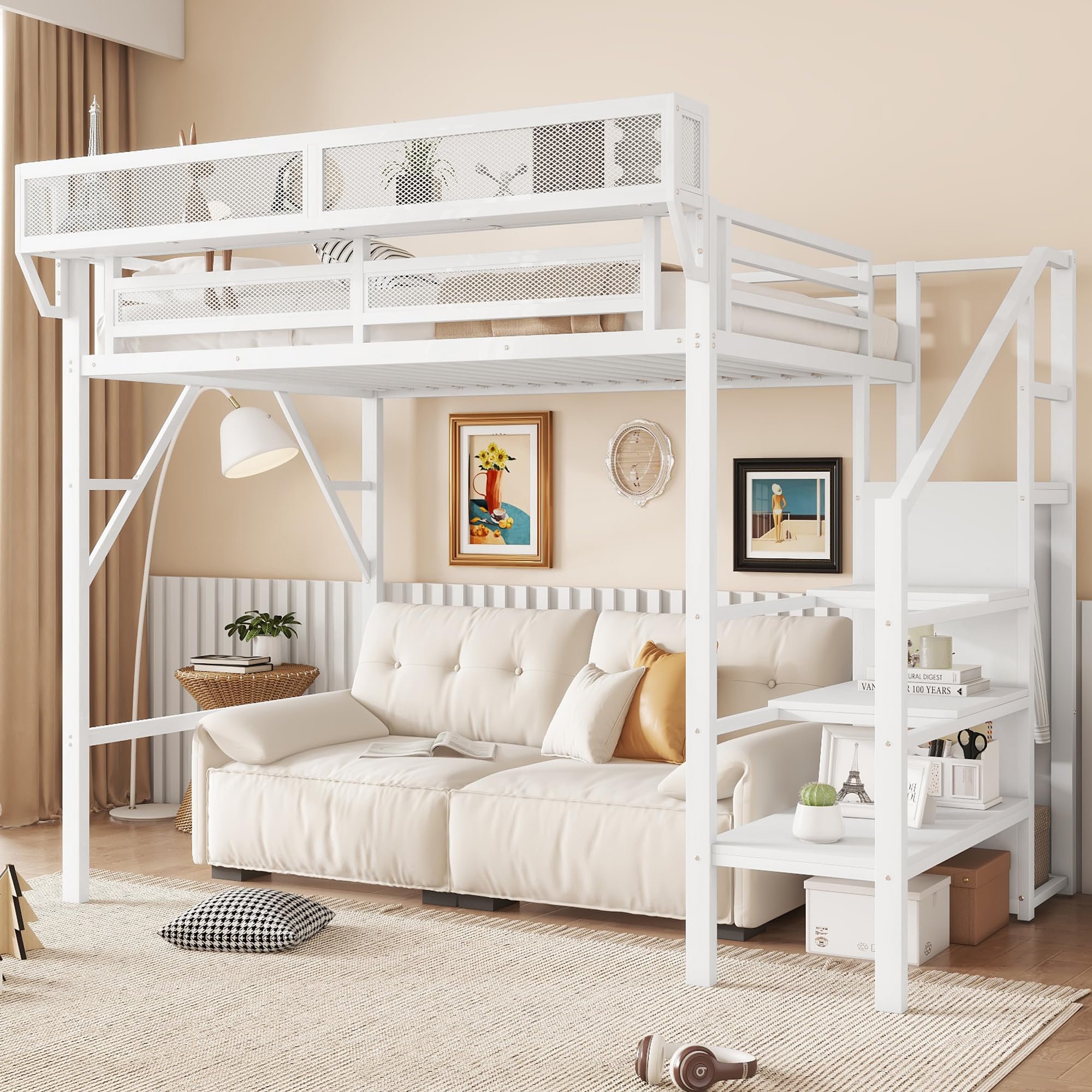 Twin Size Loft Bed with Stairs and Storage, Metal Loft Bed Frame with A Shelf and Large Under-Bed Space, Heavy-Duty Beds for Boys Girls Teens and Kids Room/Studio/Apartment, White