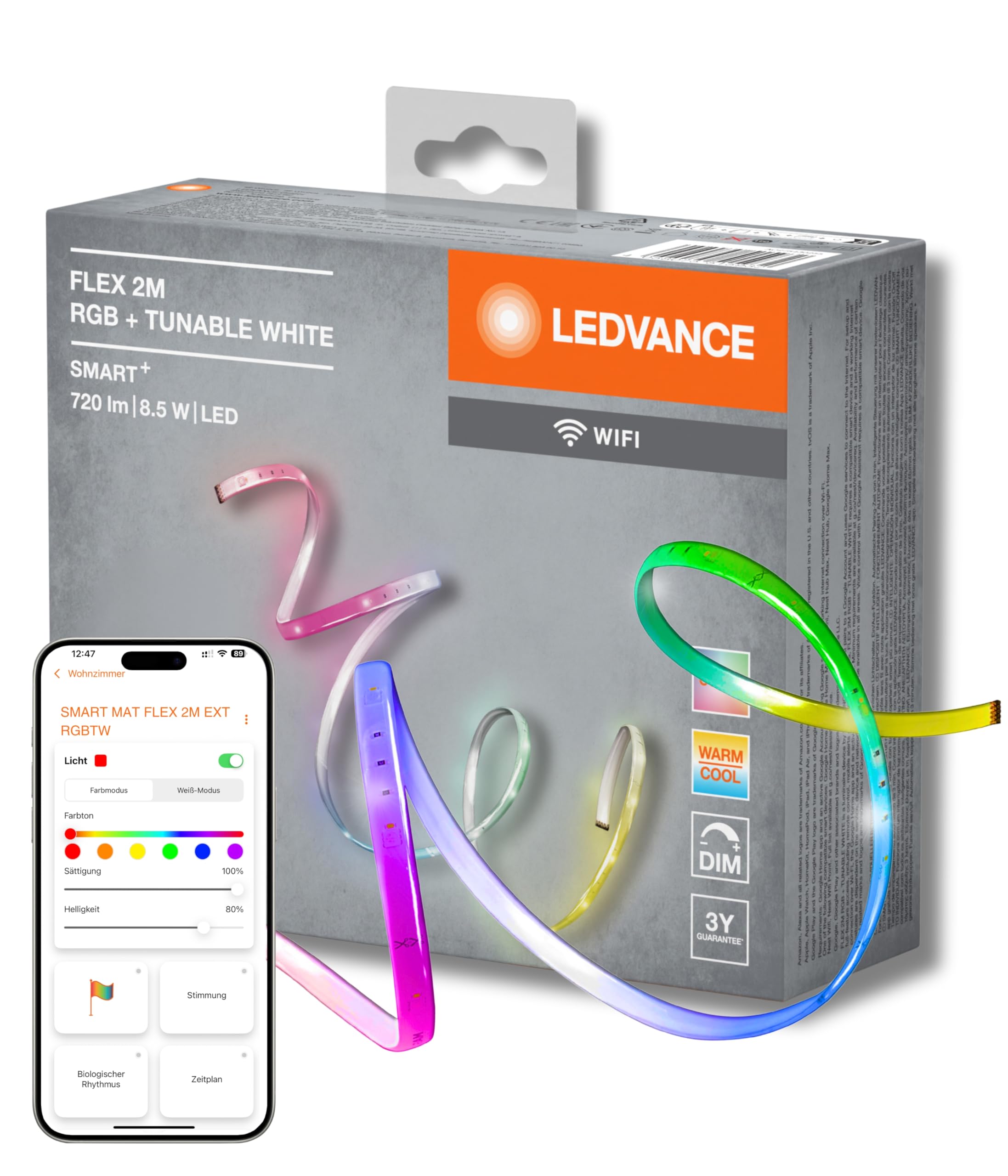 LEDVANCE LED Smartes LED Lichtband mit WiFi Technologie für Innen, 2 Meter Länge, Lichtfarbe änderbar (2700-6500K), RGB Farben änderbar, Schutzart IP20, SMART+ FLEX MULTICOLOR