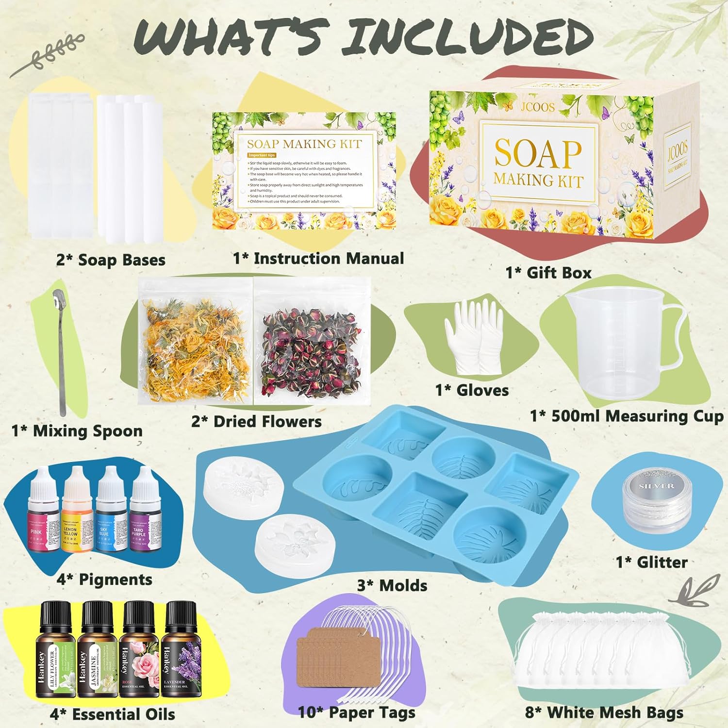 Jcoos DIY Soap Making Kit, Soap Making Kit for Adults Girls, Make Your Own Soap Making Supplies, Shea Butter Glycerin Base, Mold, Dried Flowers, Dye, DIY Scents Crafts, Valentine's Day Gifts