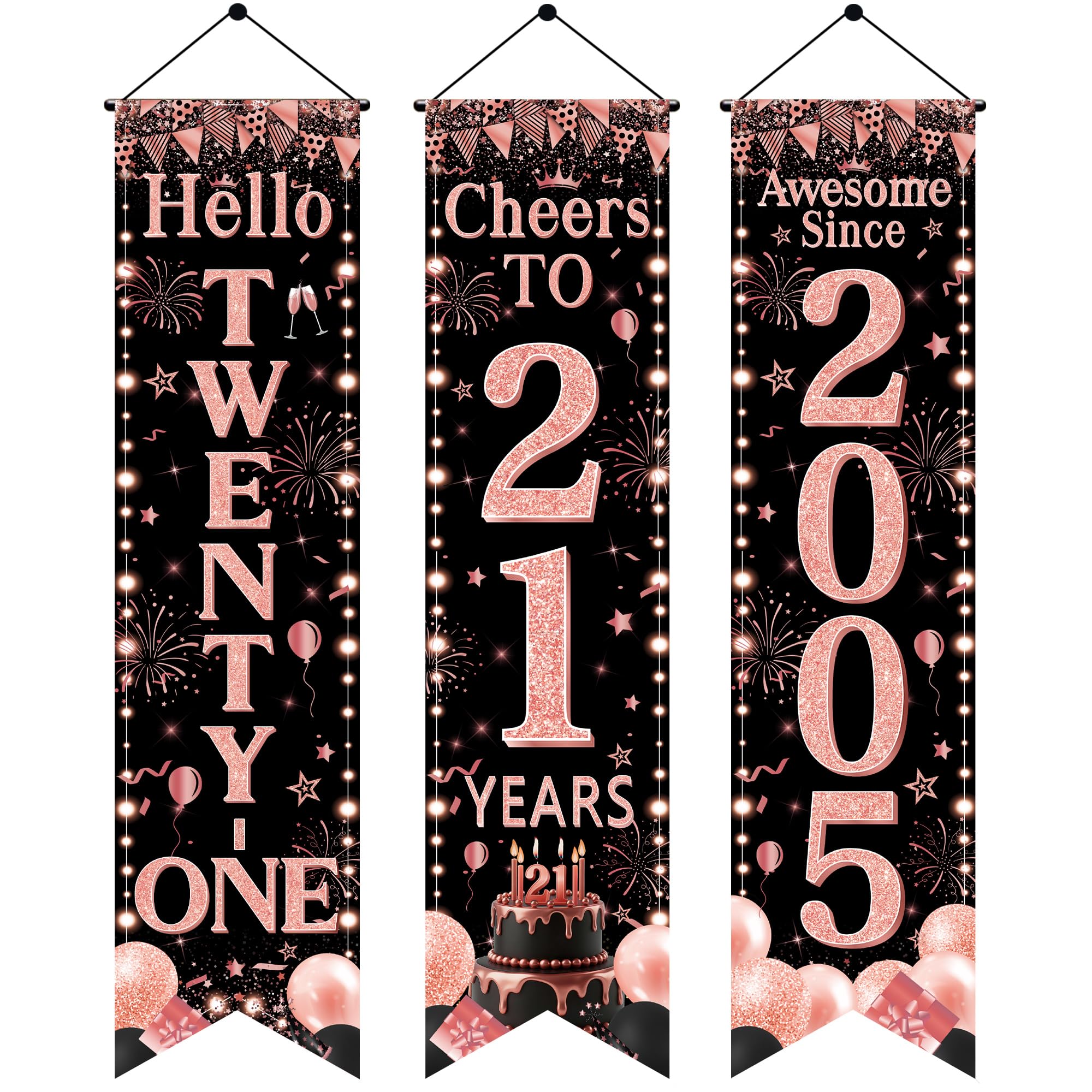 21st Birthday Door Banner Decorations - Black Rose Gold Hello Twenty-one Porch Signs 3.9x0.9ft, 3Pcs Cheers to 21 Years Awesome Since 2005 Hanging Banners for 21st Birthday Party Decor