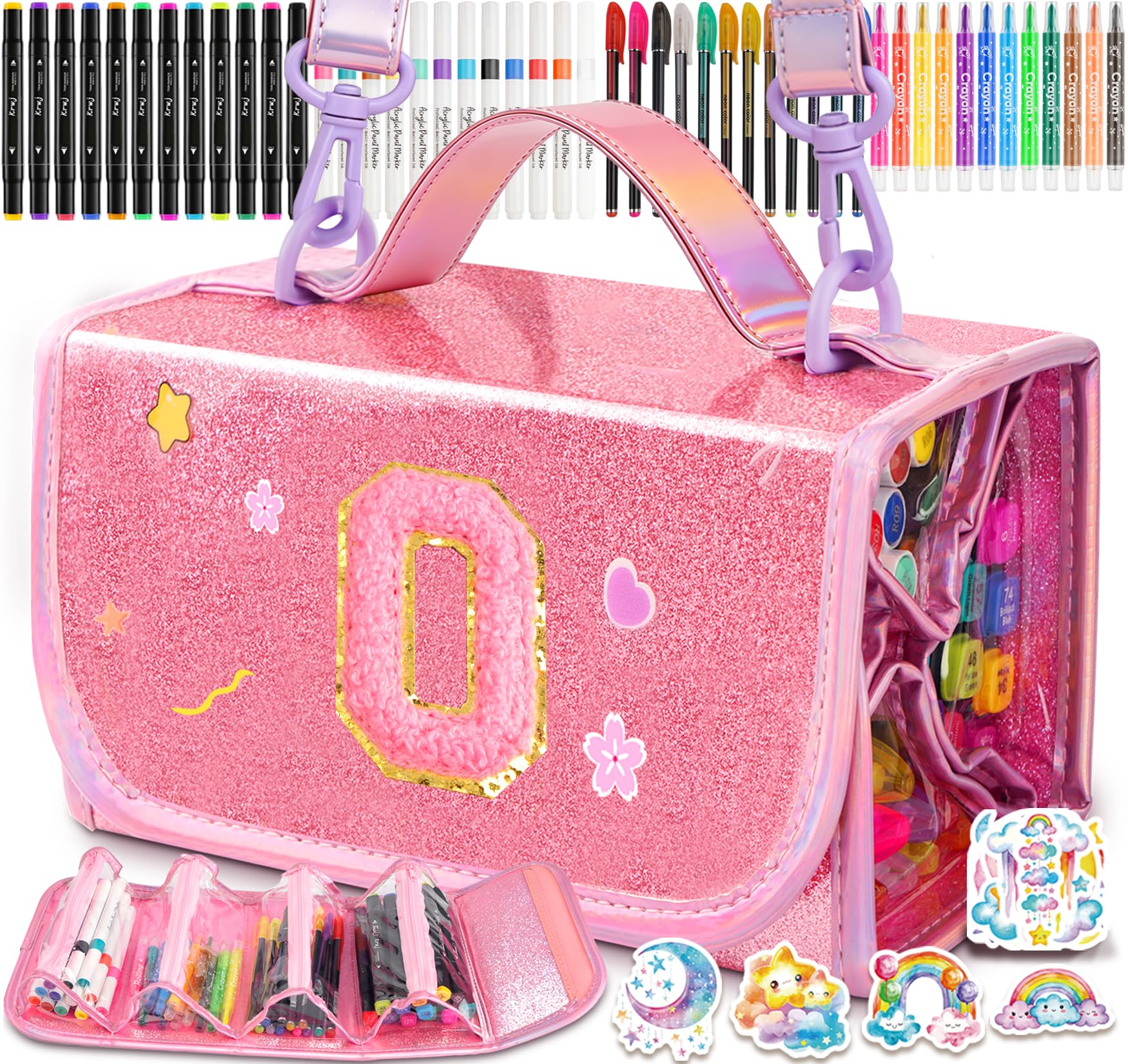 SHXWELL 69 PCS Initial Washable Scented Markers Set with Glitte Pencil Case Shoulder Strap, Personalized Art Supplies and Crafts for Kids Ages 4-6-8, Birthday Gifts for Girls Coloring Markers Set (O)