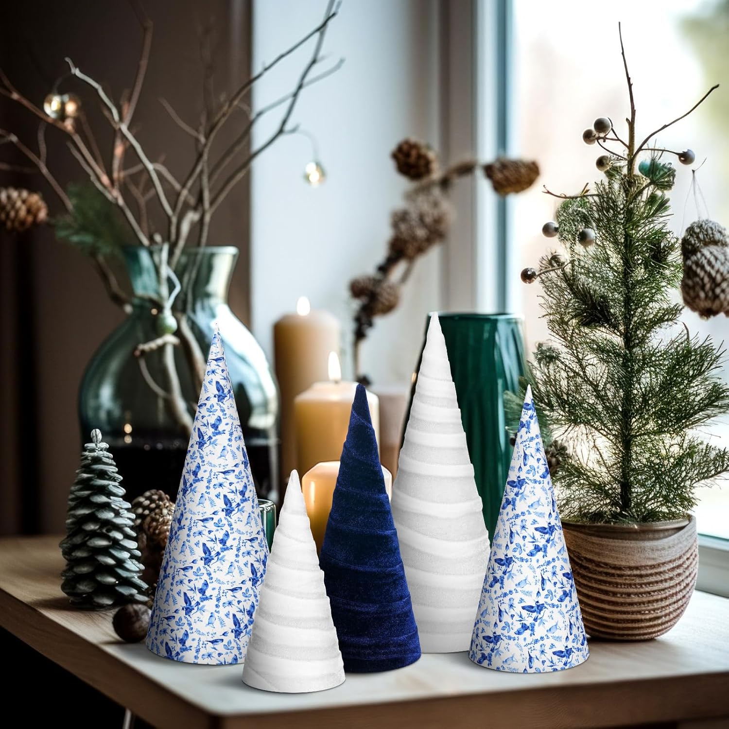 5 Pcs Blue and White Chinoiserie Christmas Cone Trees Floral Velvet Table Tree Decoration 10" 8" 6" Table Centerpiece Tabletop Tiered Tray Decorations for Xmas Parties and Homes - Image 6