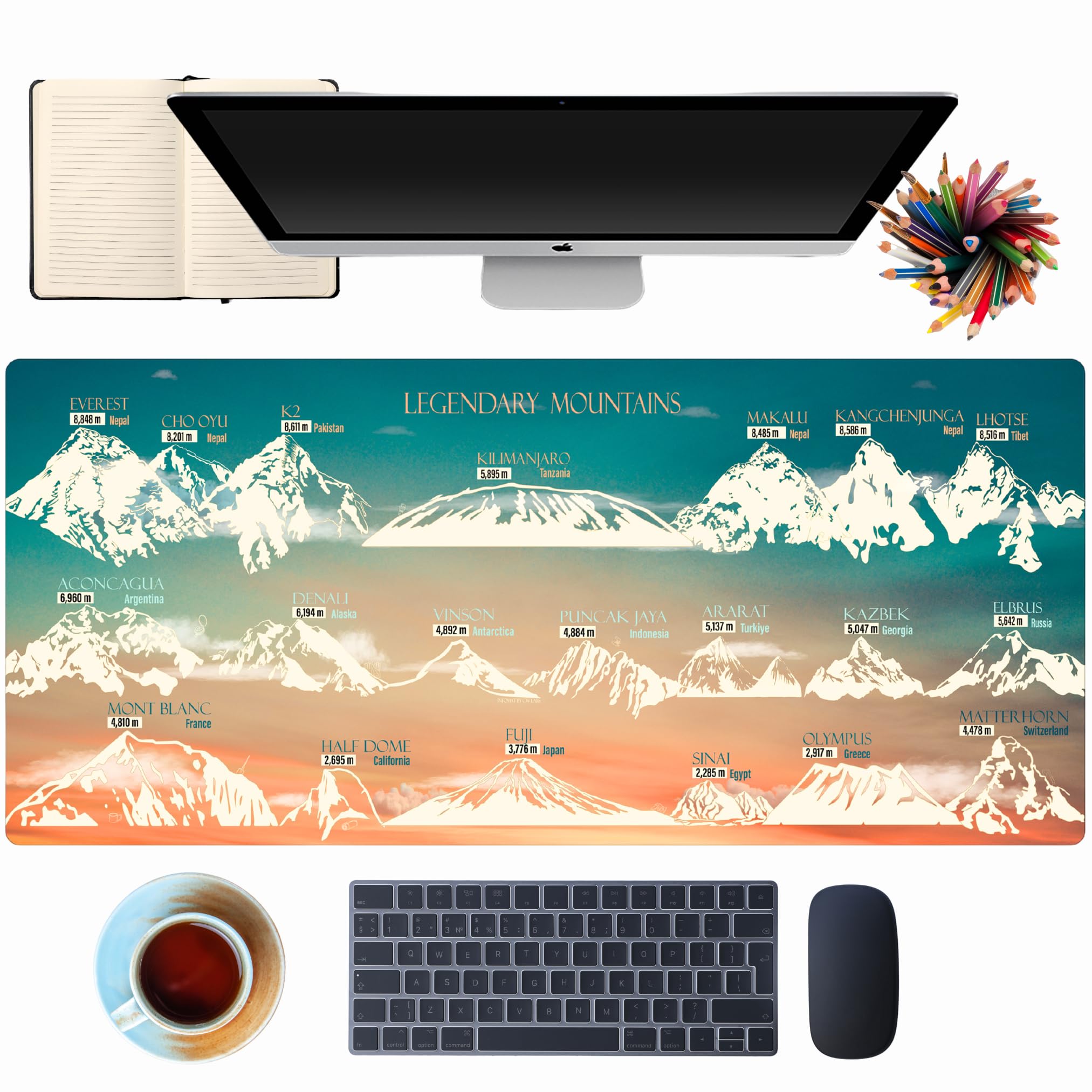 Mountain Desk Mat - XL Mouse Pad with Legendary Mountains Design - Extended Large Desk Mat for Keyboard and Mouse - Non-Slip Nature-Themed Workstation