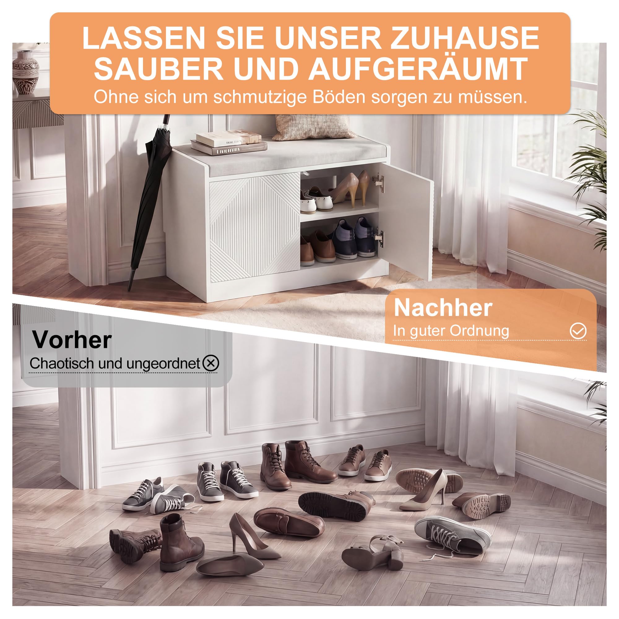 UEV Sitzbank mit Klappe, Sitzhocker mit Stauraum,Sitztruhe mit Sitzkissen,Schuhregal Schuhablage Schuhschrank für Wohnzimmer Schlafzimmer Flur (Weiß)