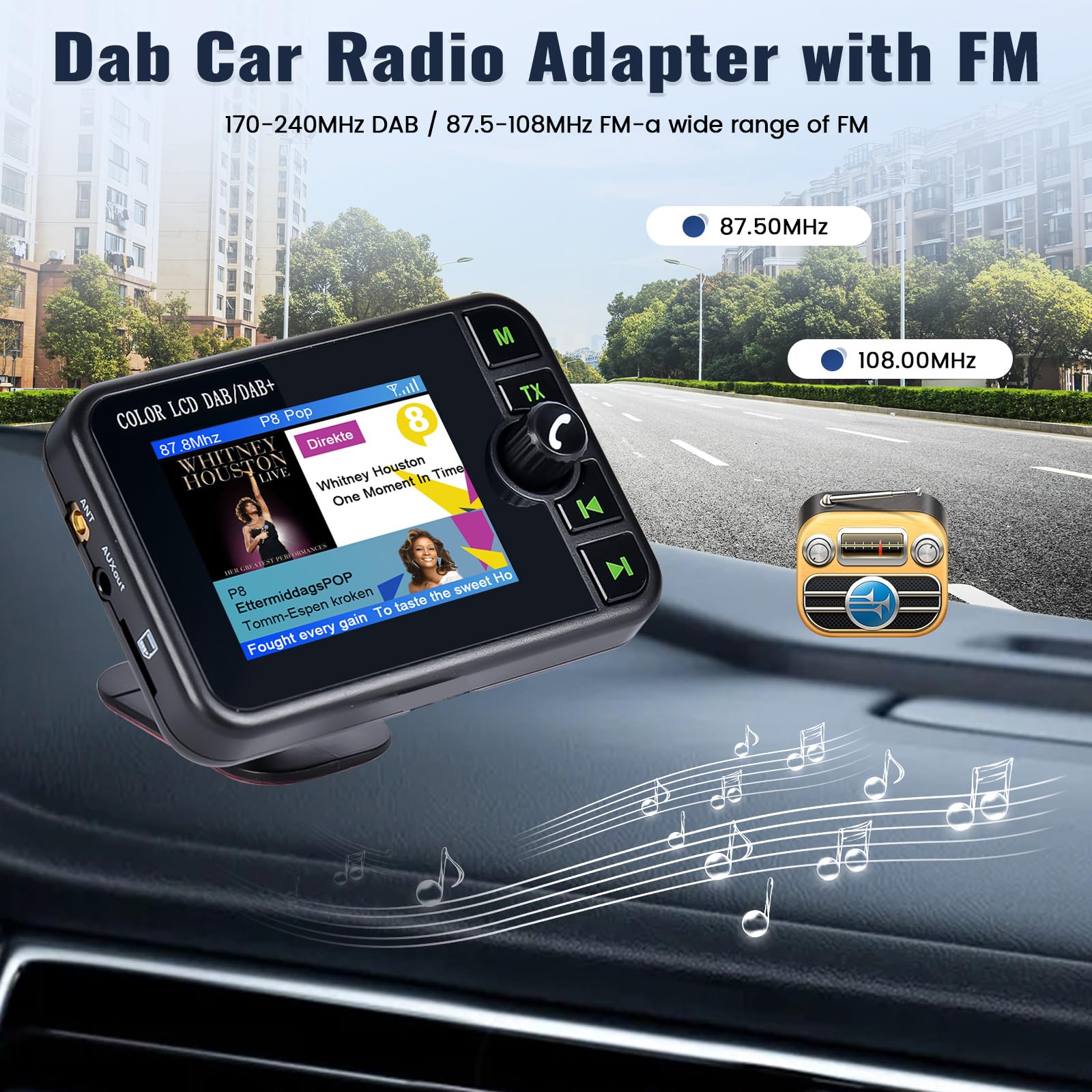 Podofo Adaptateur DAB/DAB+ Pour Récepteur Radio Numérique Avec Antenne Et Kit D'antenne En Verre