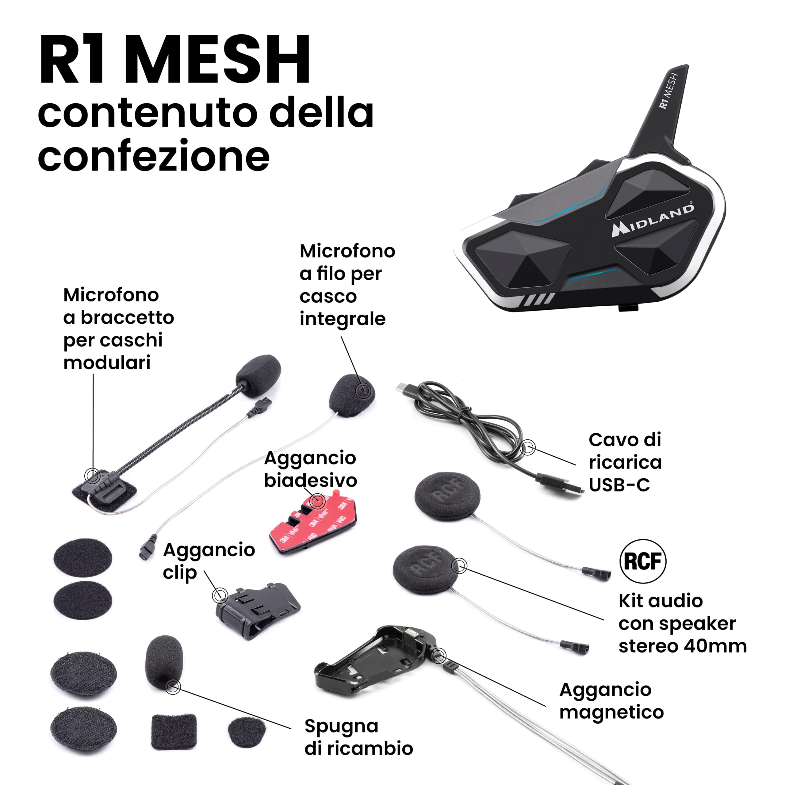 Midland - Interfono Moto Bluetooth + Mesh R1 Mesh Singolo, Auricolari Casco Moto Waterproof IPX6, Portata 500m, 23H, Audio RCF, Stereo Background, Compatibile TFT e Radio FM, 6 Persone Conference